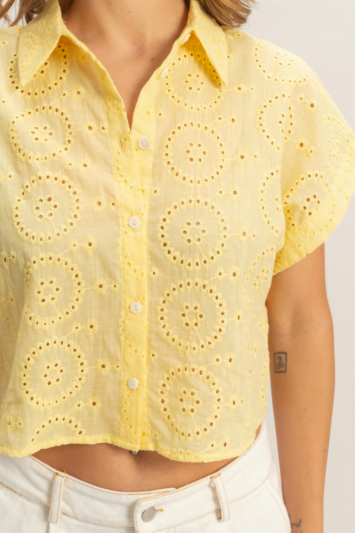 Wholesale Eyelet Cropped Button-Up Shirt Clothing Tops HF26C297 YELLOW HYFVE