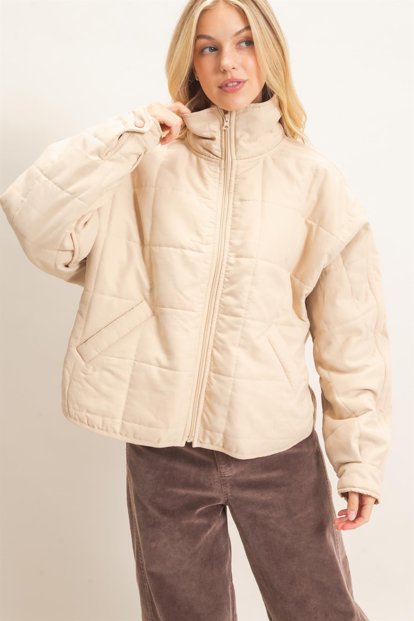 Wholesale Quilted High Collar Jacket Coats & Jackets HF26F167-D BEIGE HYFVE