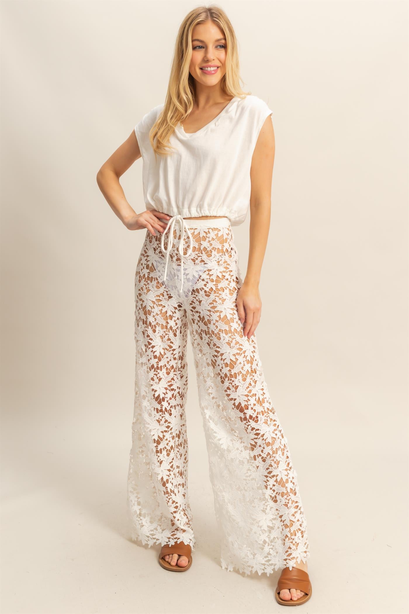 Wholesale Cap Sleeve Drawstring Waist Knit Top Clothing Tops HF25C879 WHITE HYFVE