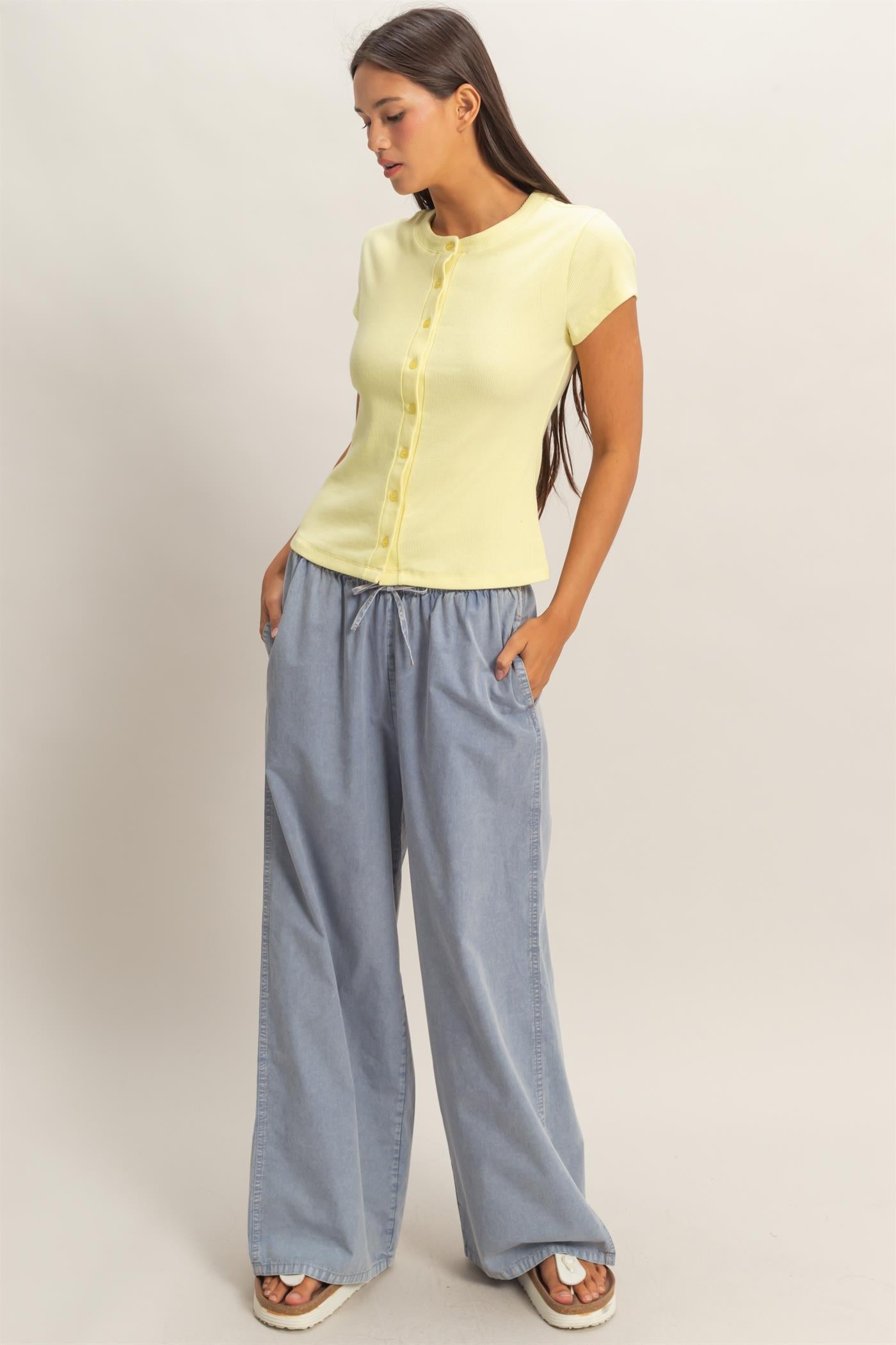 Wholesale Ribbed Button-Front Crew Neck Top Clothing Tops DZ26A727 PALE YELLOW DOUBLE ZERO