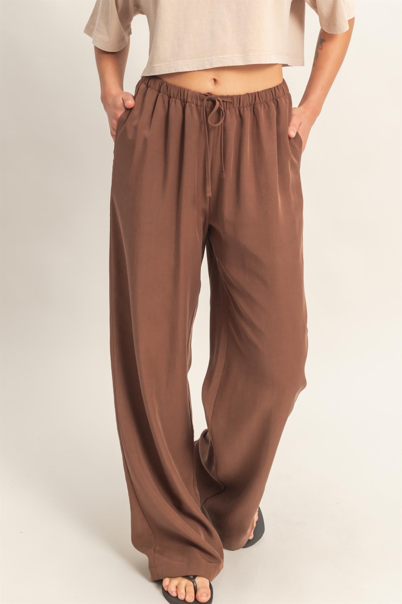Wholesale Lyocell Linen Elastic Waist Straight Leg Pants Pants DZ26A979 CHOCOLATE DOUBLE ZERO