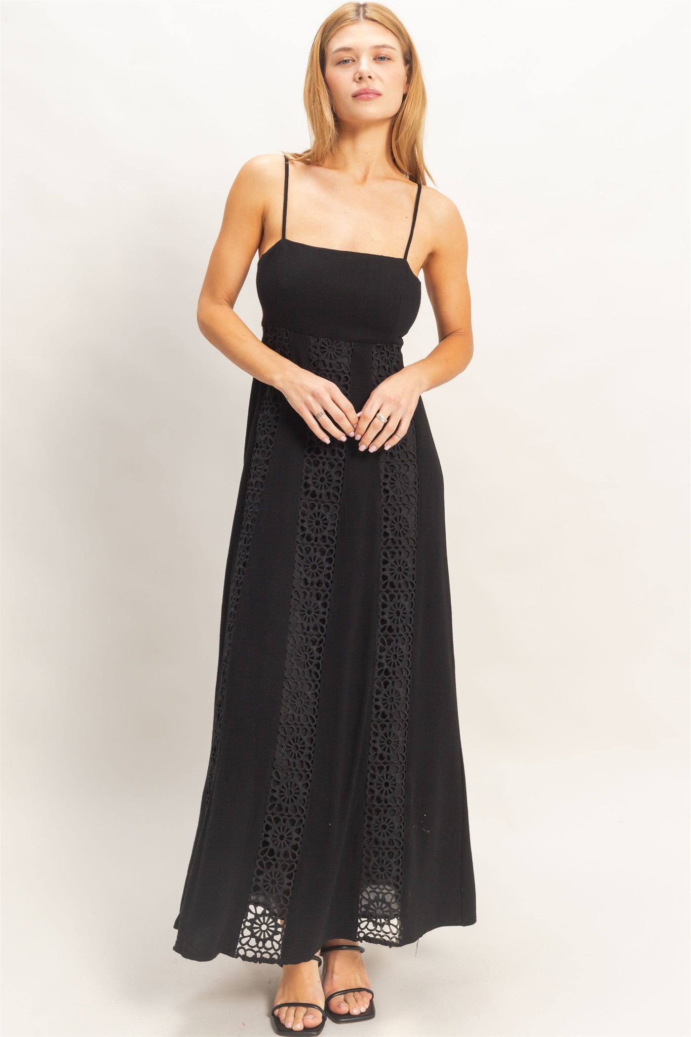 Wholesale Woven Lace Trim Maxi Dress Dresses HF26A498 BLACK HYFVE