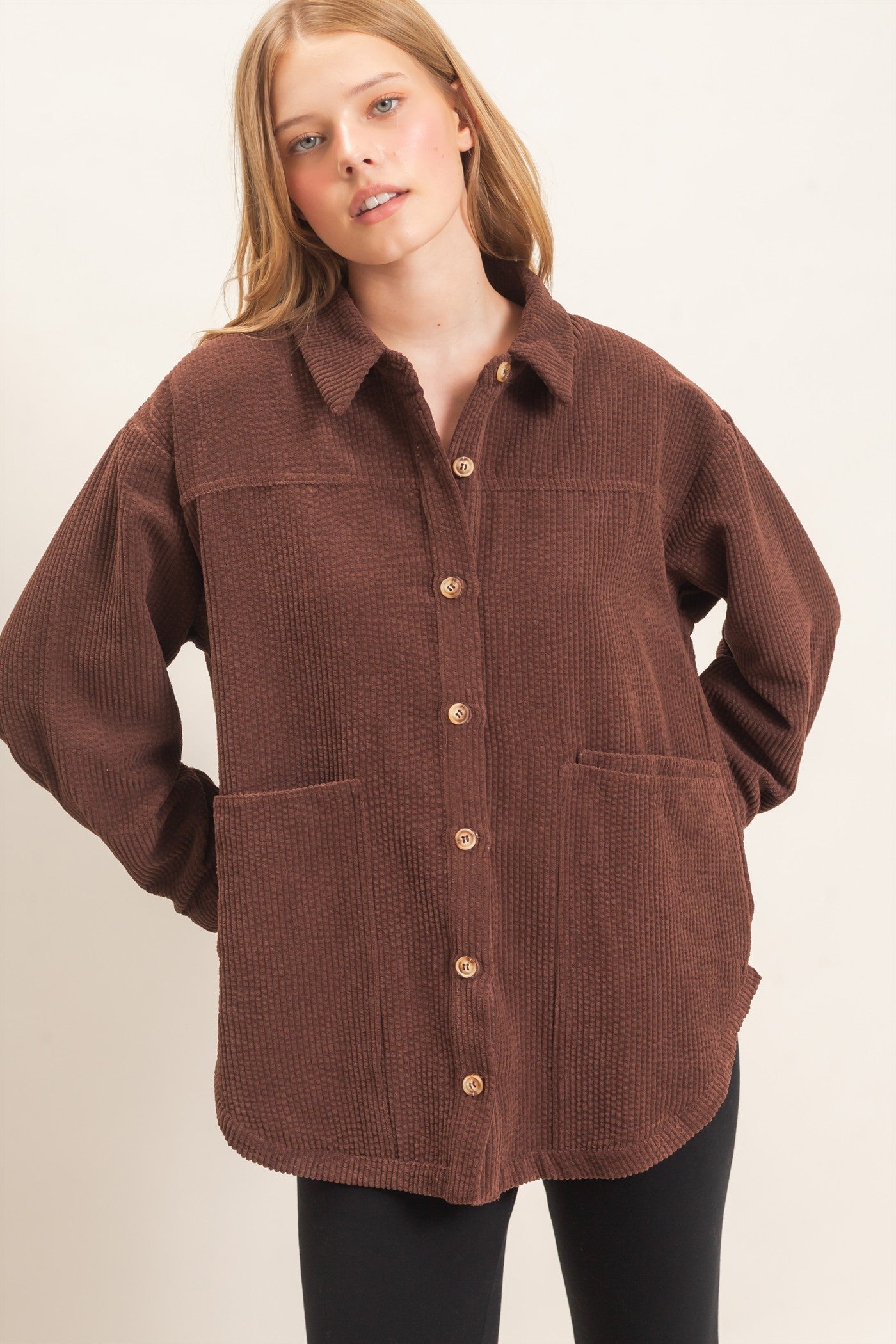 Wholesale Corduroy Button-Up Shirt Outerwear HF26F163 CHOCOLATE HYFVE