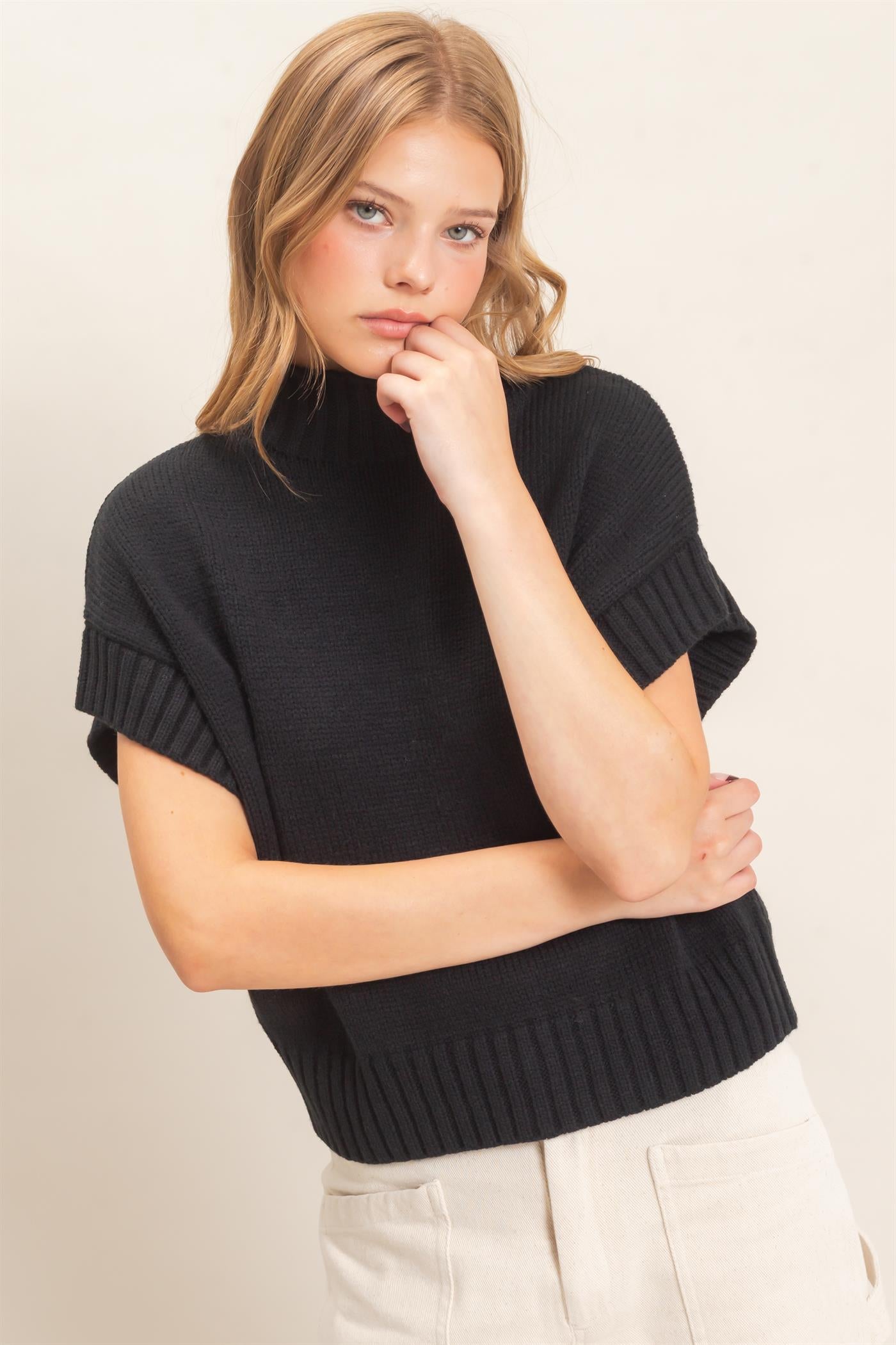 Wholesale Ribbed Mock Neck Sweater Vest Sweaters HF26F186-D BLACK HYFVE