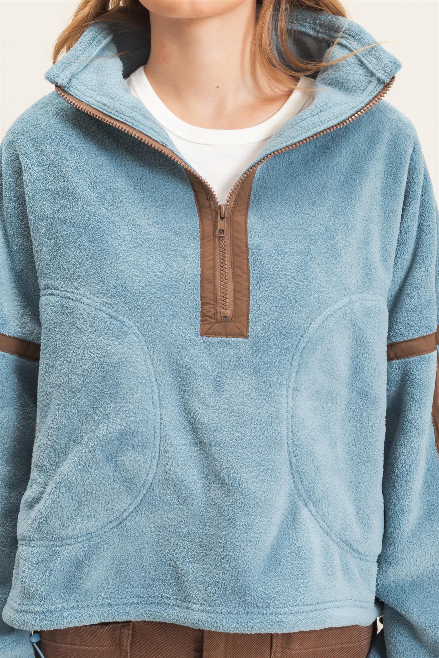 Wholesale Contrast Trim Half-Zip Fleece Pullover Outerwear HF26F206-D D.BLUE HYFVE