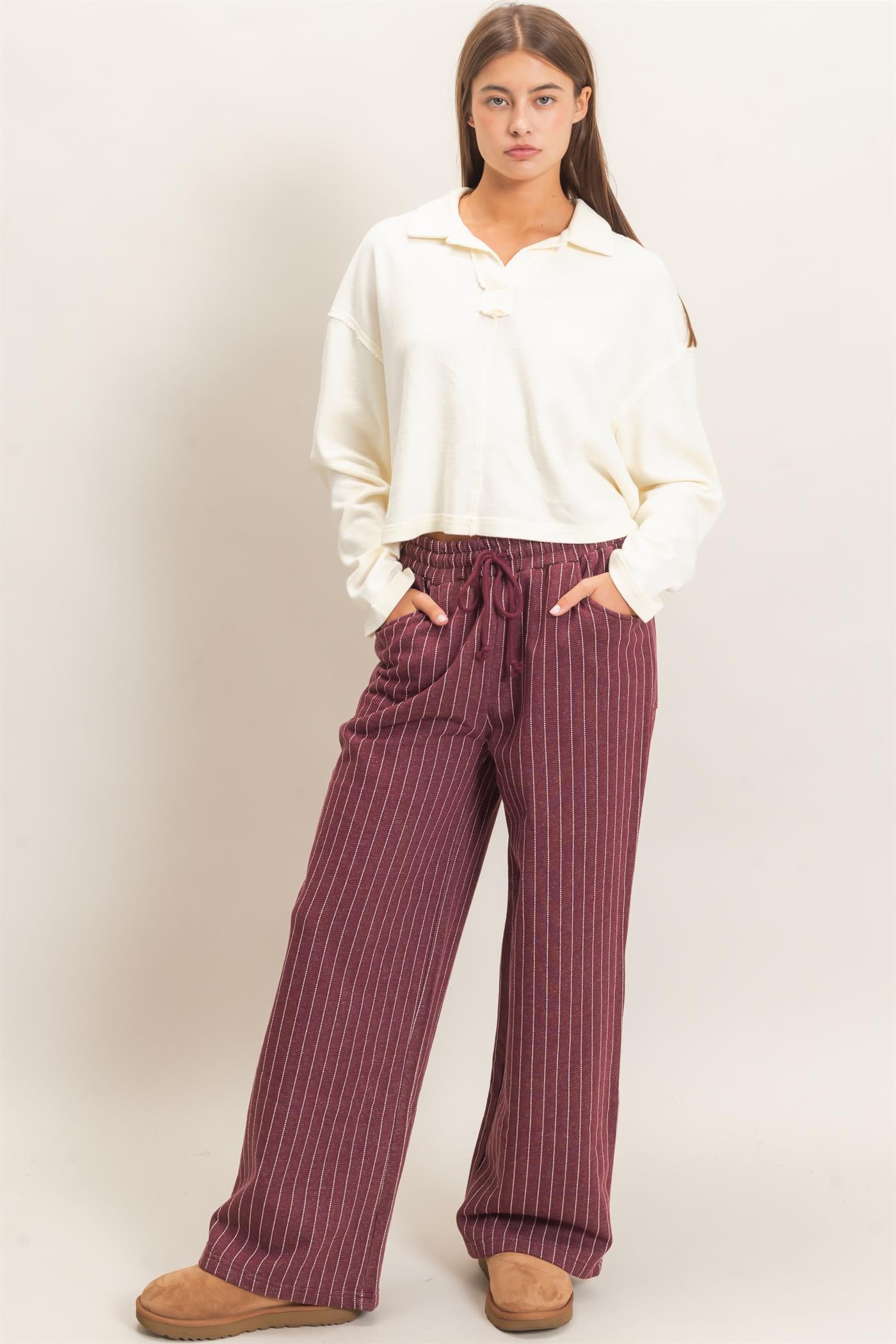 Wholesale Pinstripe Elastic Waist Sweatpants Pants DZ26A813 DARK CHERRY DOUBLE ZERO