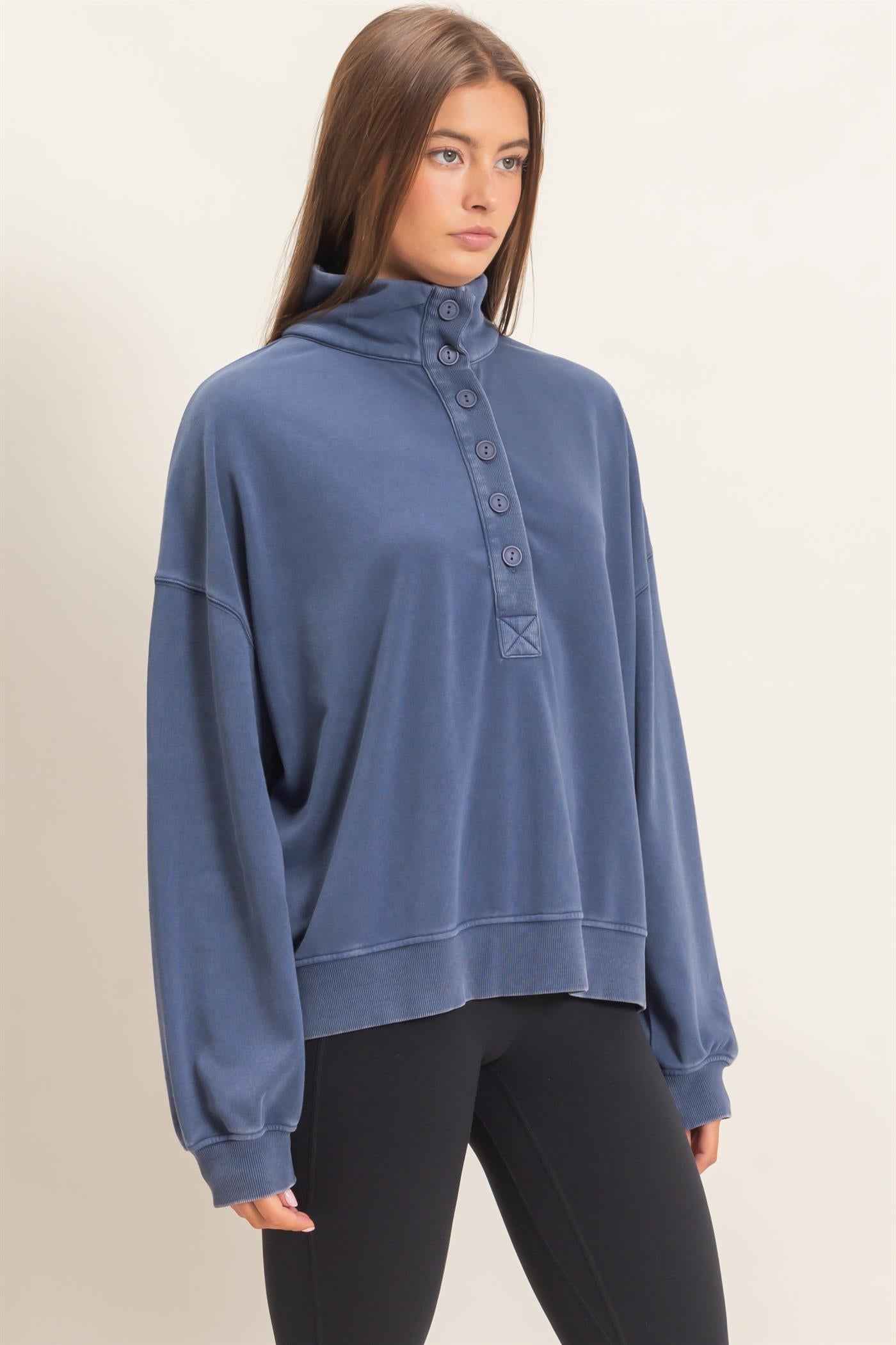 Wholesale Mineral Wash Button Front Sweatshirt Sweatshirts DZ26C909 NAVY DOUBLE ZERO