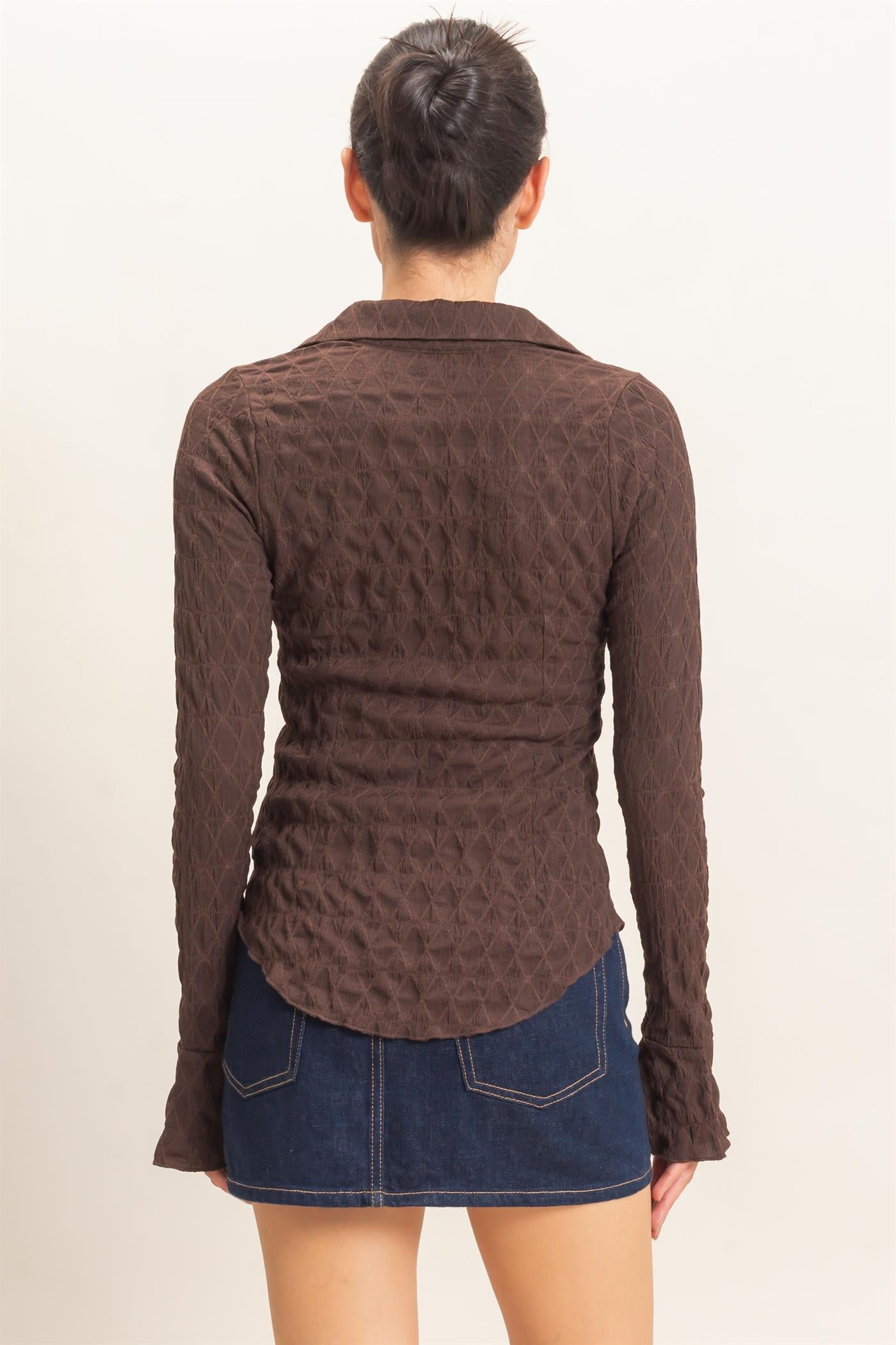 Wholesale Textured Button-Up Collared Top Shirts HF26E062 CHESTNUT HYFVE