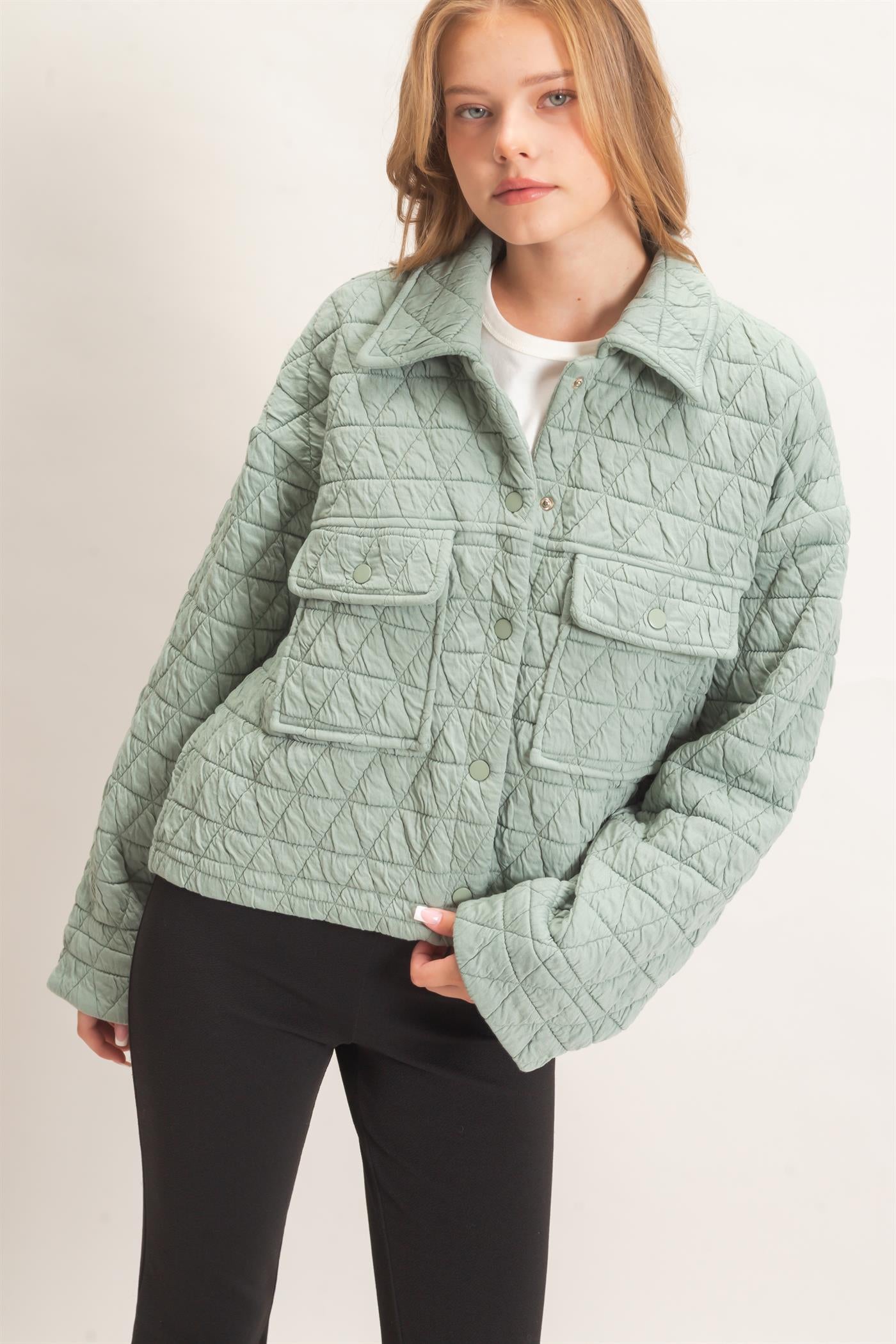 Wholesale Triangle Quilted Button-Up Jacket Coats & Jackets HF26F145 DUSTY SAGE DOUBLE ZERO