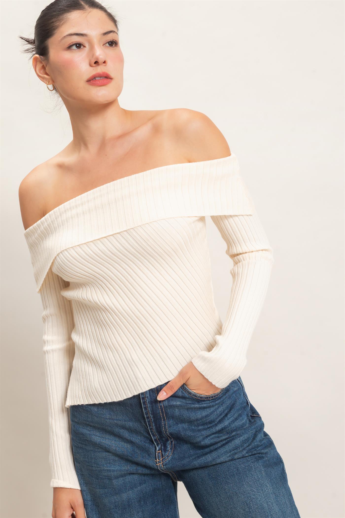 Wholesale Ribbed Off-Shoulder Sweater Sweaters HF26E937 CREAM HYFVE