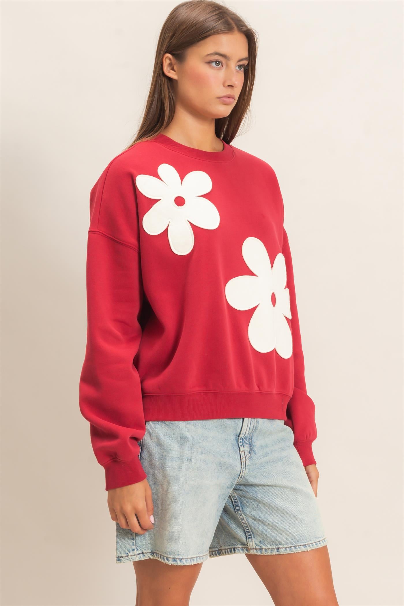 Wholesale Floral Applique Crew Neck Sweatshirt Sweatshirts DZ26E708 DARK RED DOUBLE ZERO