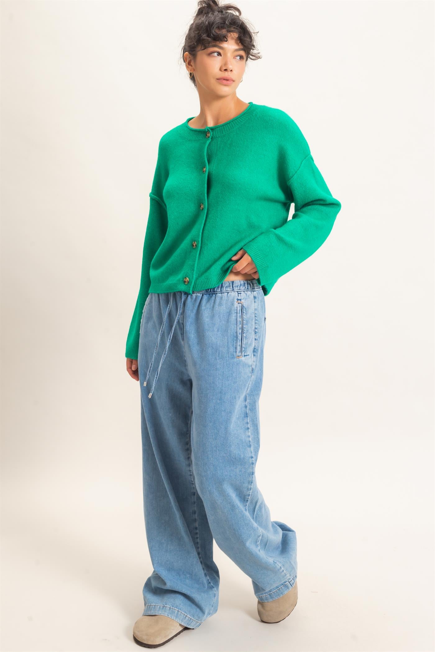 Wholesale Crew Neck Loose Fit Cardigan Cardigans DZ26E269 EMERALD DOUBLE ZERO