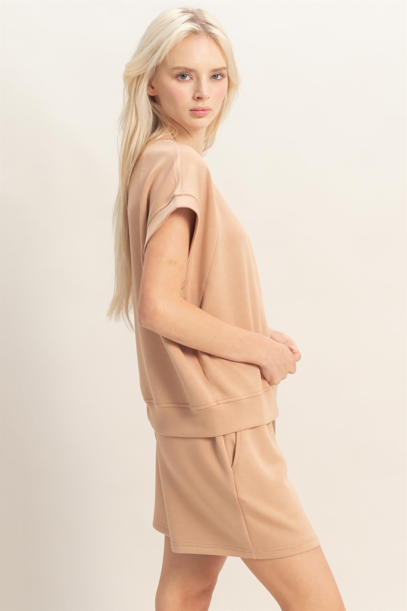 Wholesale Crew Neck Sleeveless Top And Shorts Set Clothing DZ26C575-SET DARK TAUPE DOUBLE ZERO