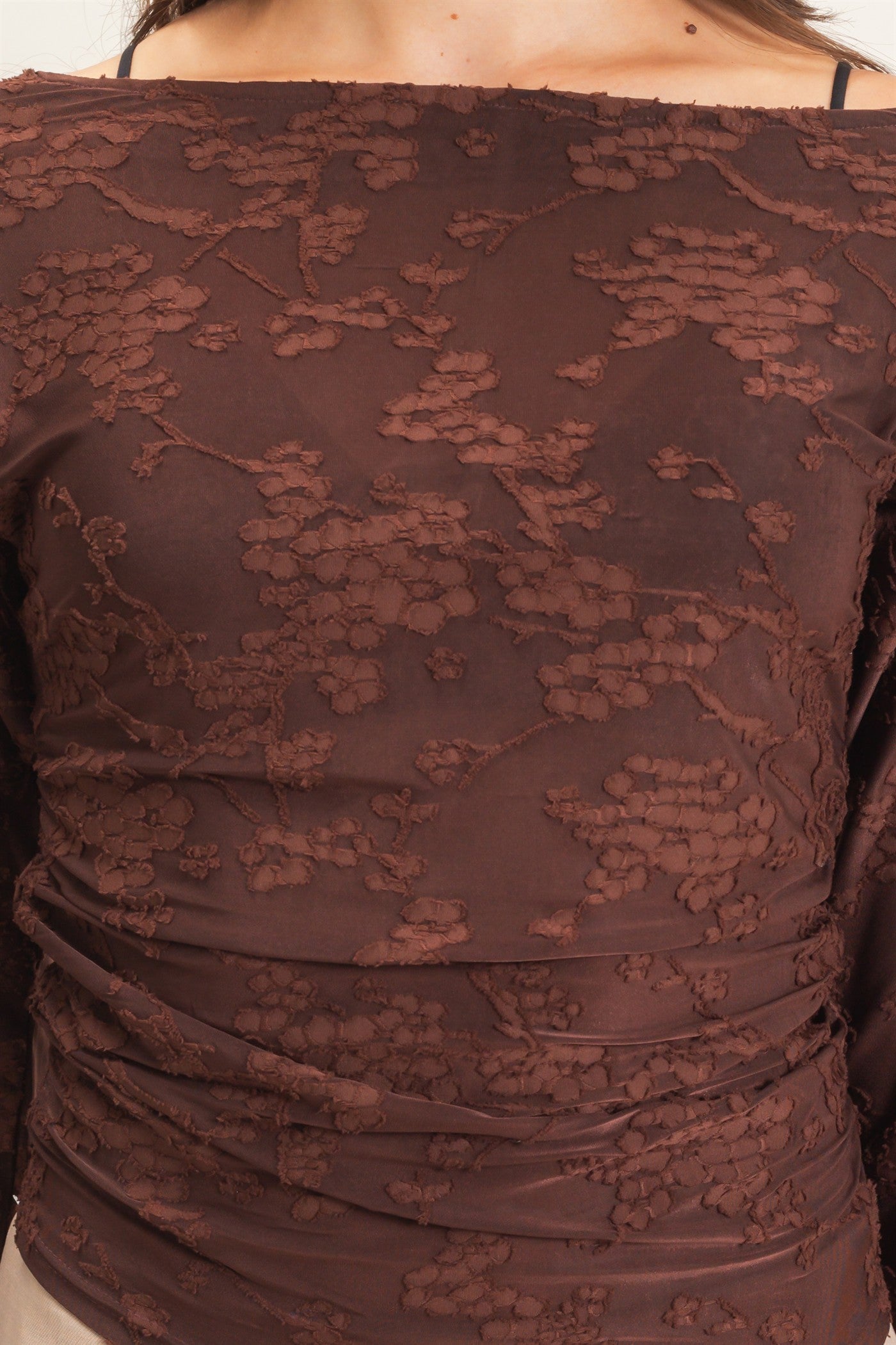 Wholesale Sheer Lace Boat Neck Top Blouses HF26E761 BROWN HYFVE