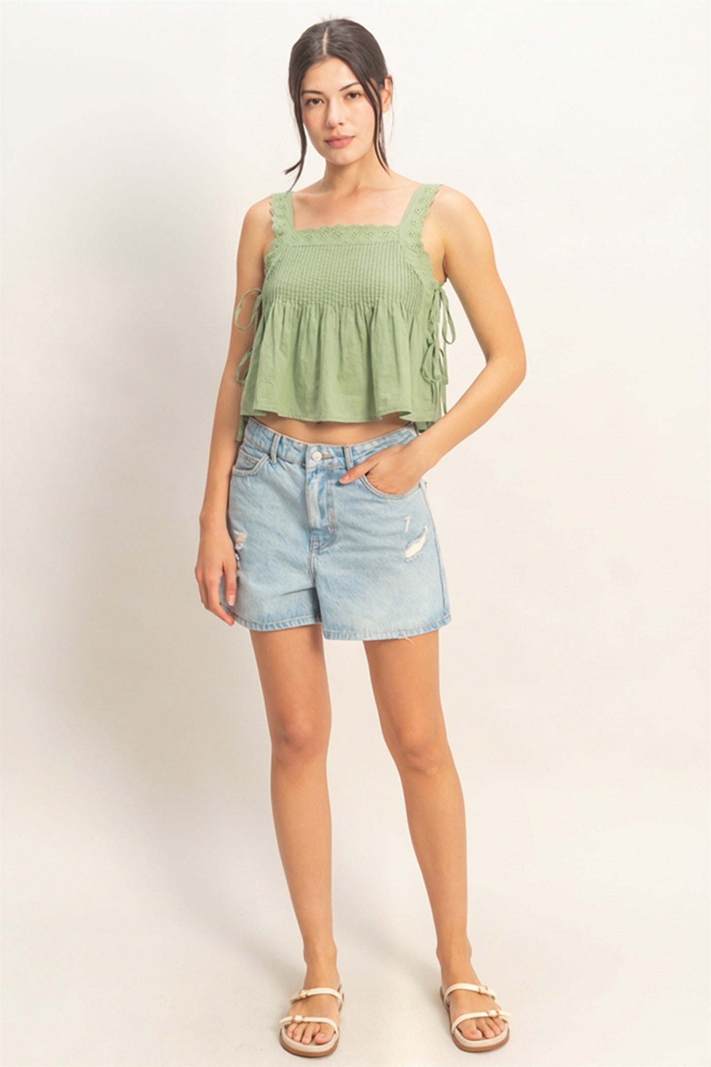 Wholesale Pleated Lace Trim Tank Tank Tops HF26C271 LIGHT OLIVE HYFVE