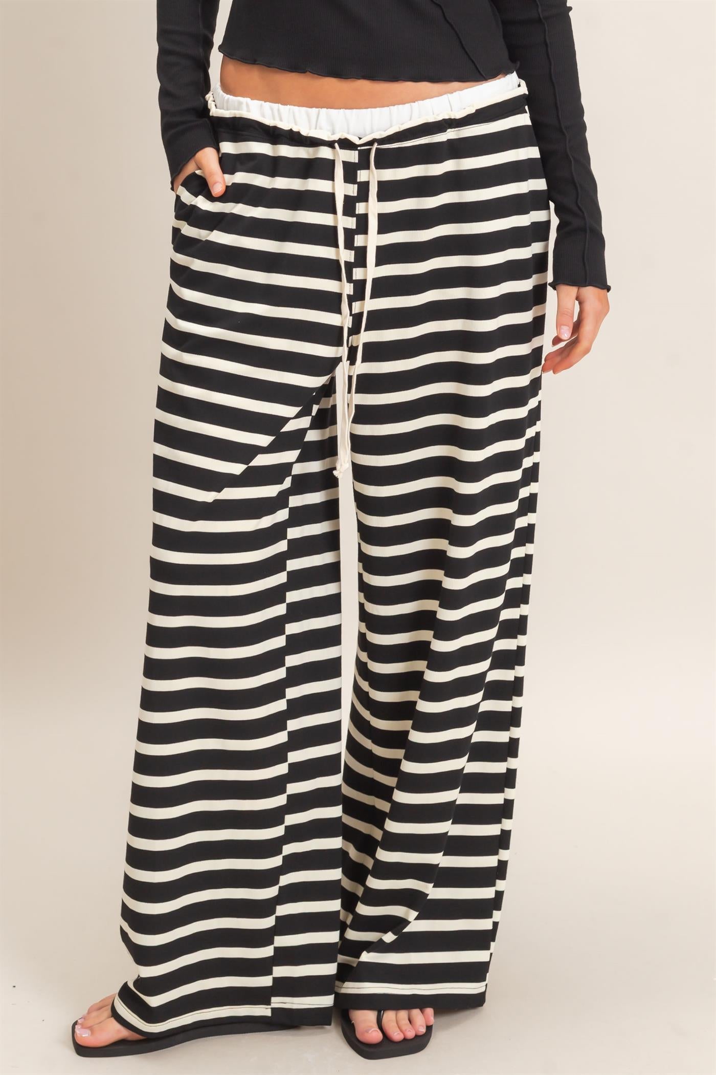 Wholesale Striped Wide-Leg Pants Pants HF26F229-D BLACK/ CREAM HYFVE