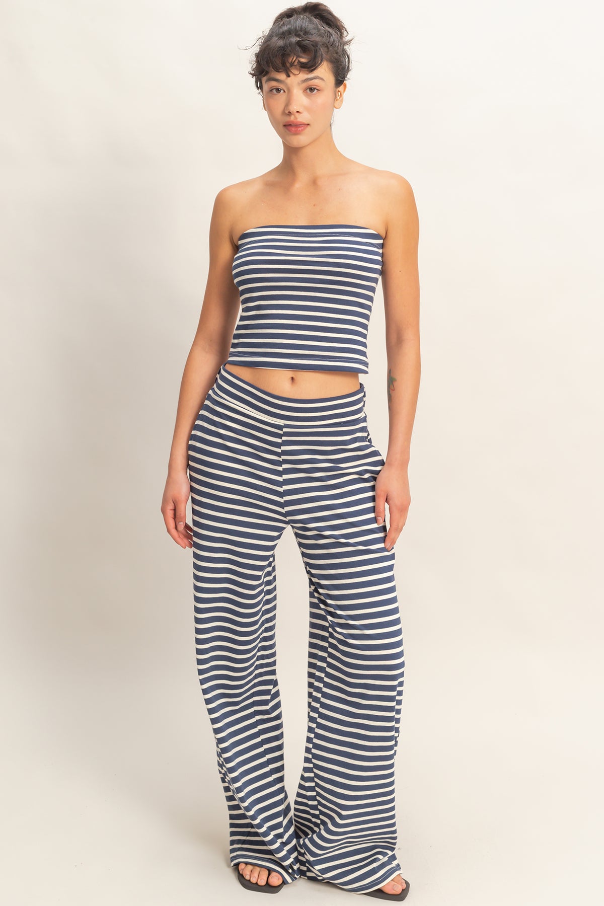 Wholesale Striped Jersey Tube Top And Pants Set Clothing DZ26C621-SET NAVY DOUBLE ZERO
