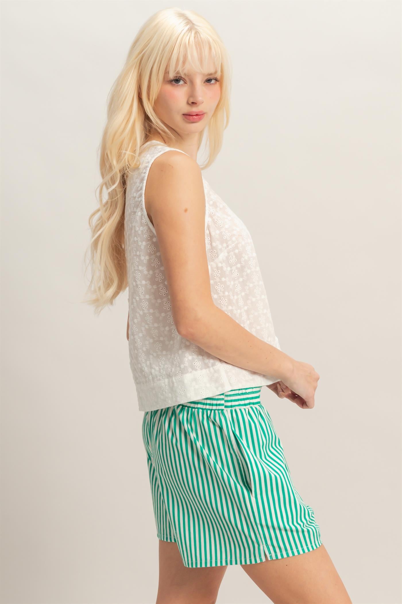 Wholesale Eyelet Sleeveless Top With Back Buttons Clothing Tops DZ26C541 WHITE DOUBLE ZERO