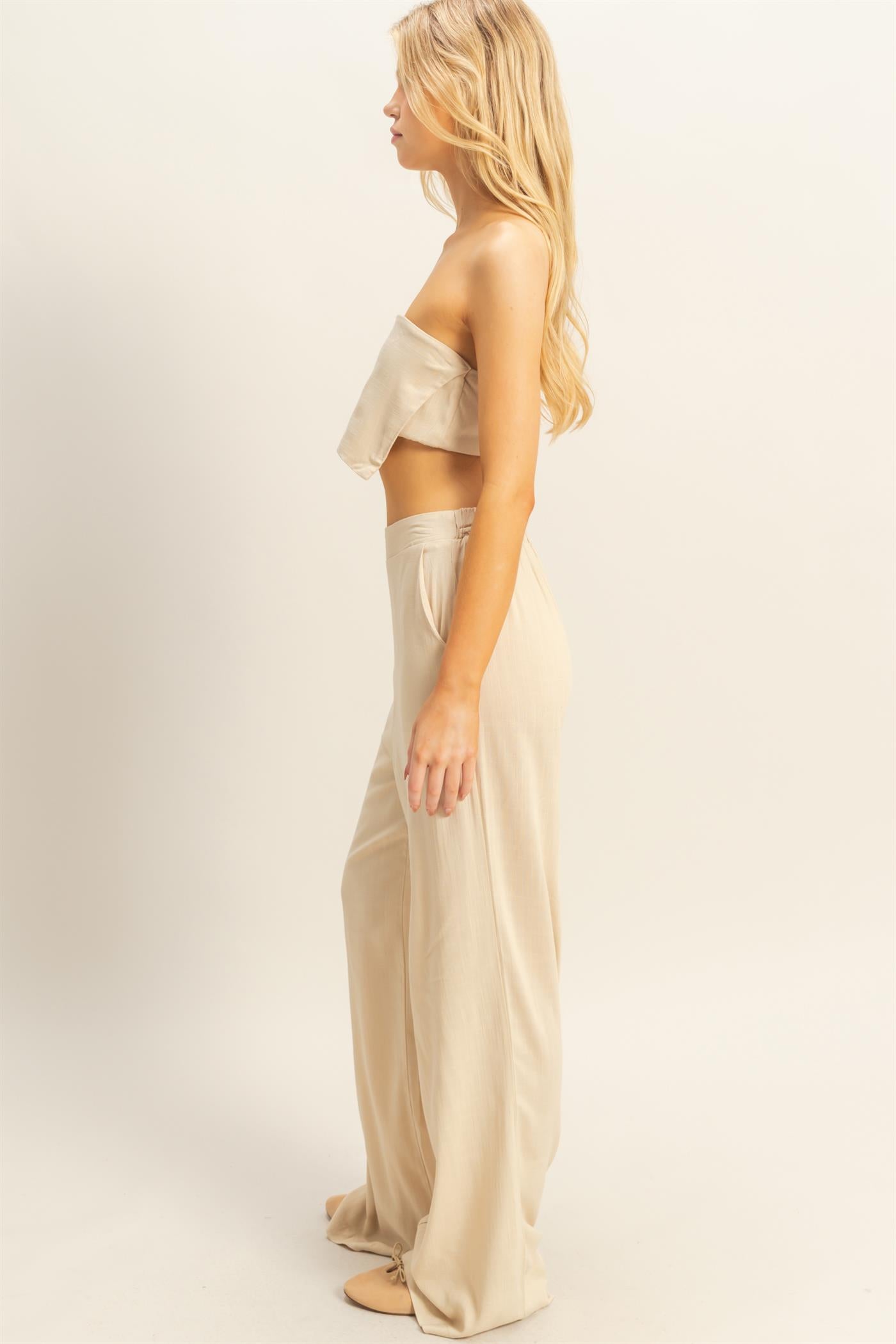 Wholesale Stretch Linen Top And Pants Set Clothing HF25E016-SET L.TAUPE HYFVE