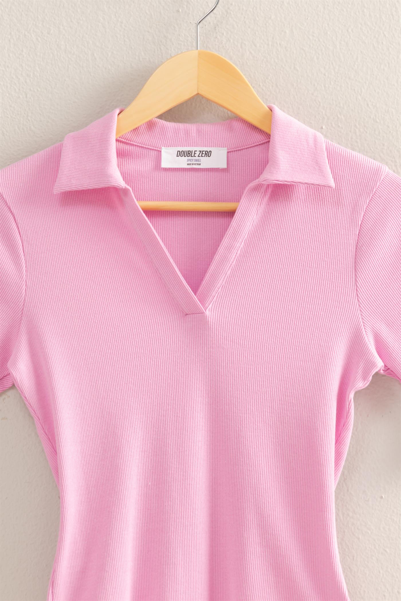Wholesale Polo Neck Short Sleeve Bodysuit Bodysuits DZ25A777 PINK DOUBLE ZERO