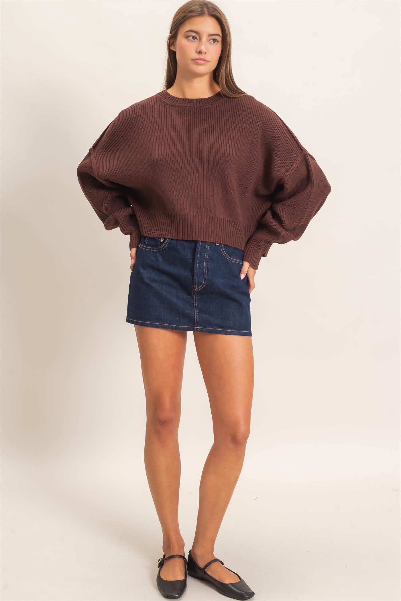 Wholesale Ribbed Drop Shoulder Sweater Sweaters DZ26C982 DARK BROWN DOUBLE ZERO