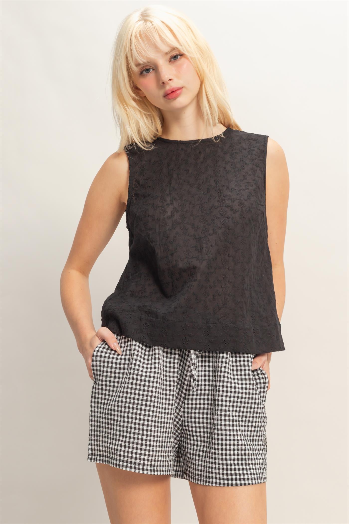 Wholesale Eyelet Sleeveless Top With Back Buttons Clothing Tops DZ26C541 BLACK DOUBLE ZERO