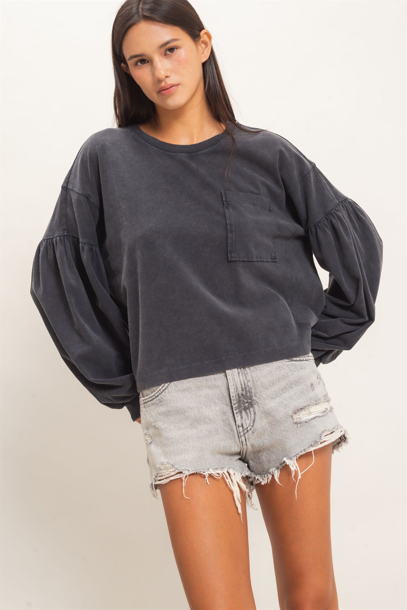 Wholesale Mineral Wash Puff Long Sleeve Boxy Top Clothing Tops DZ26F402 BLACK DOUBLE ZERO
