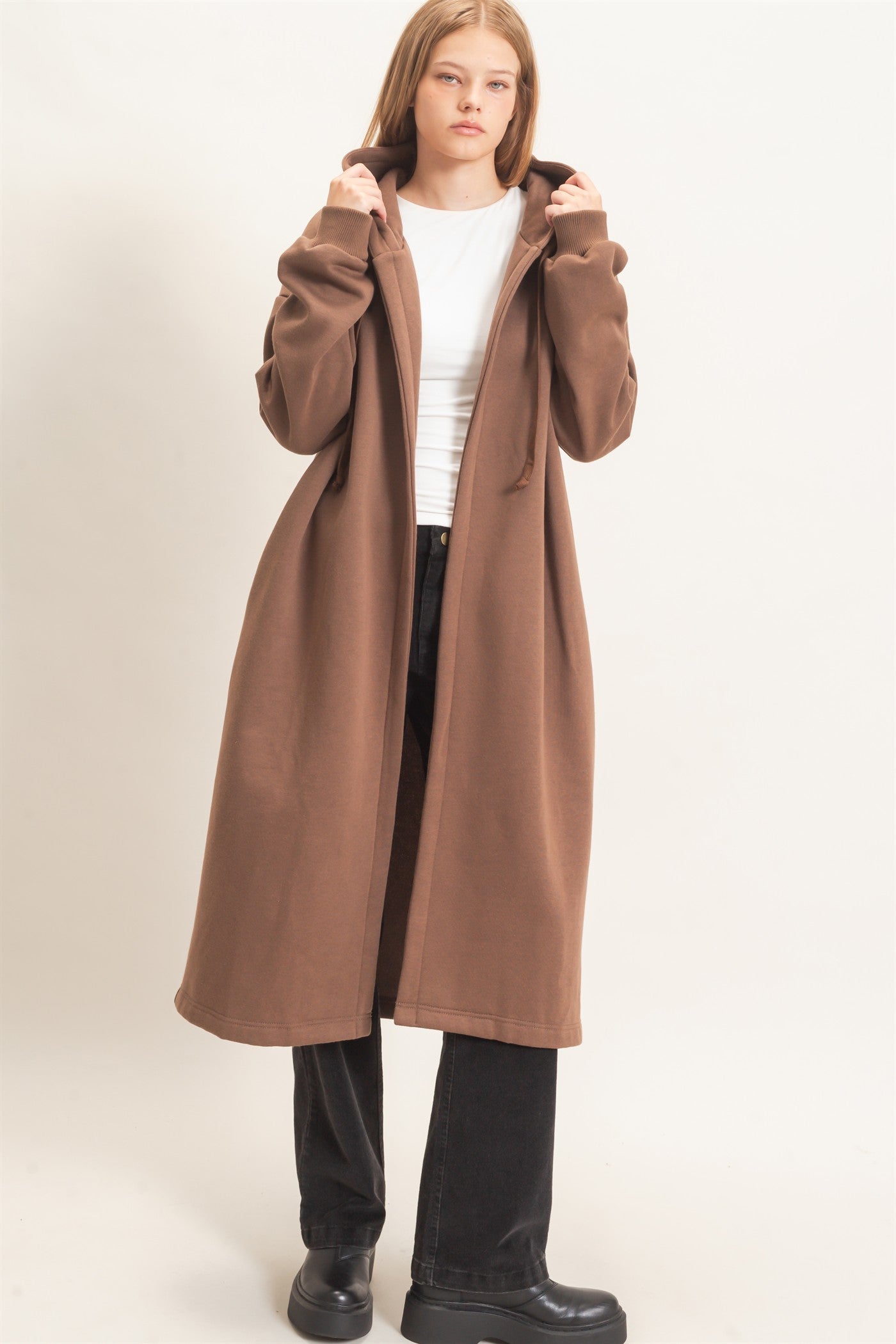 Wholesale Oversized Hooded Open Front Coat Coats & Jackets HF26F142-D BROWN HYFVE