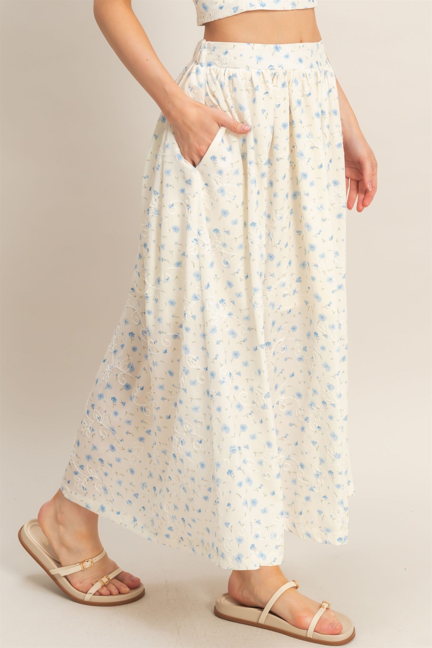 Wholesale Floral Embroidered Maxi Skirt Skirts HF26A150 BLUE HYFVE