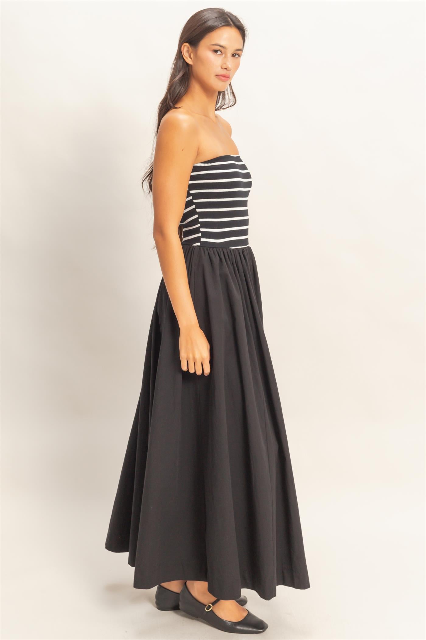 Wholesale Striped Strapless Flowy Midi Dress Dresses DZ26C169 BLACK DOUBLE ZERO