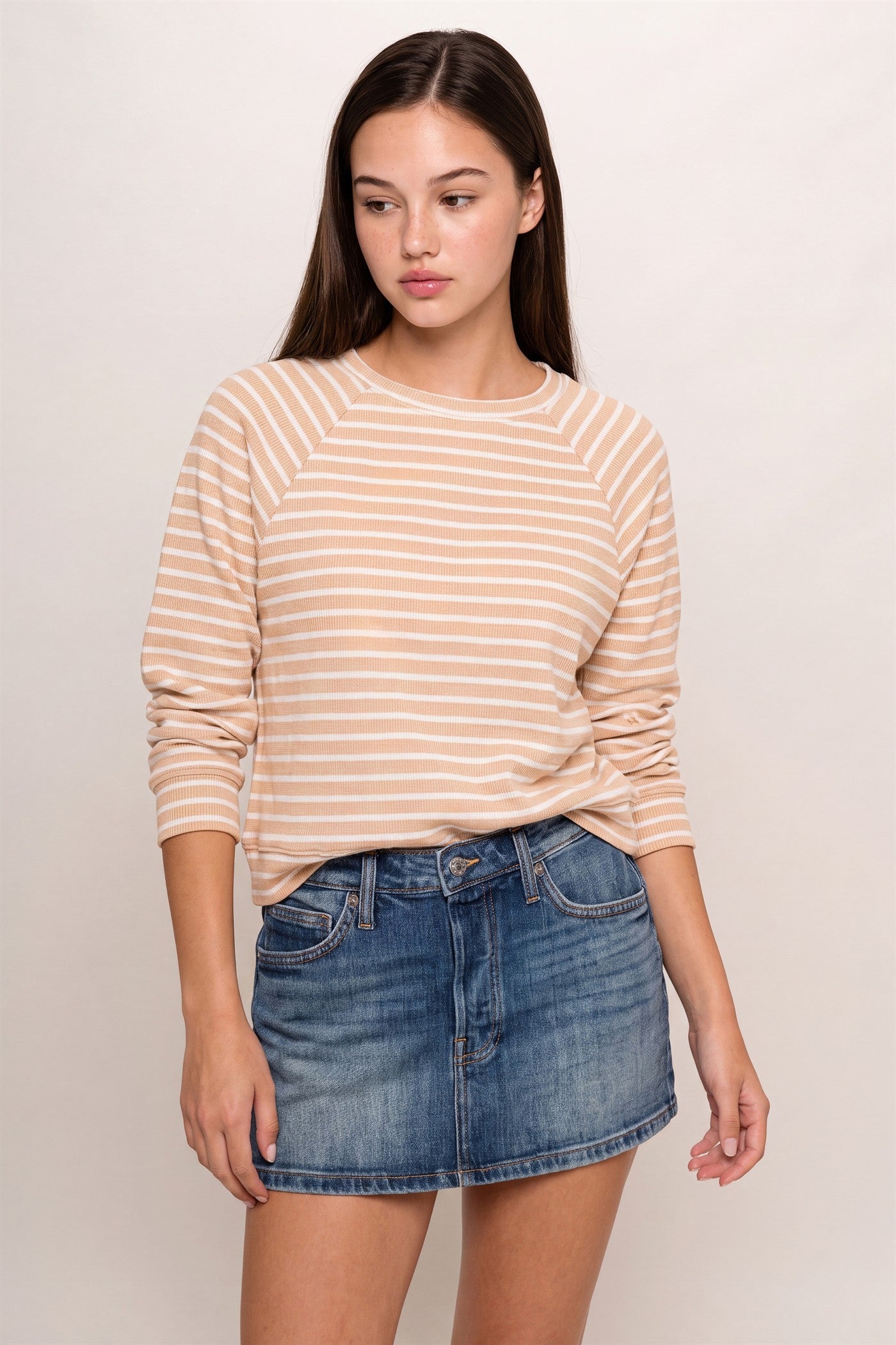 Wholesale Striped Waffle Knit Raglan Top Clothing Tops DZ26E450 SAND DOUBLE ZERO