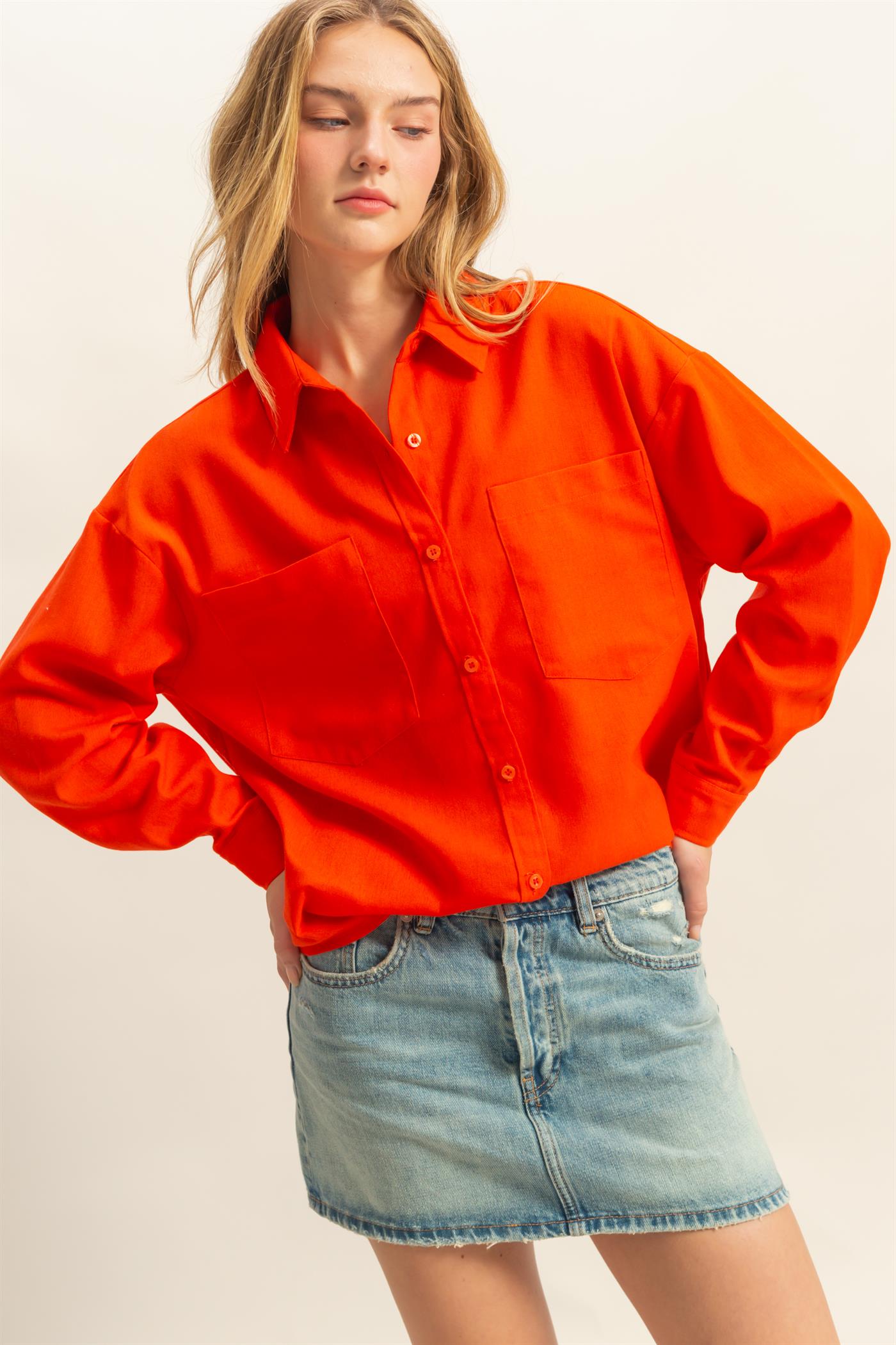 Wholesale Sand Washed Relaxed Long Sleeve Shirt Clothing Tops DZ24C609 TOMATO DOUBLE ZERO