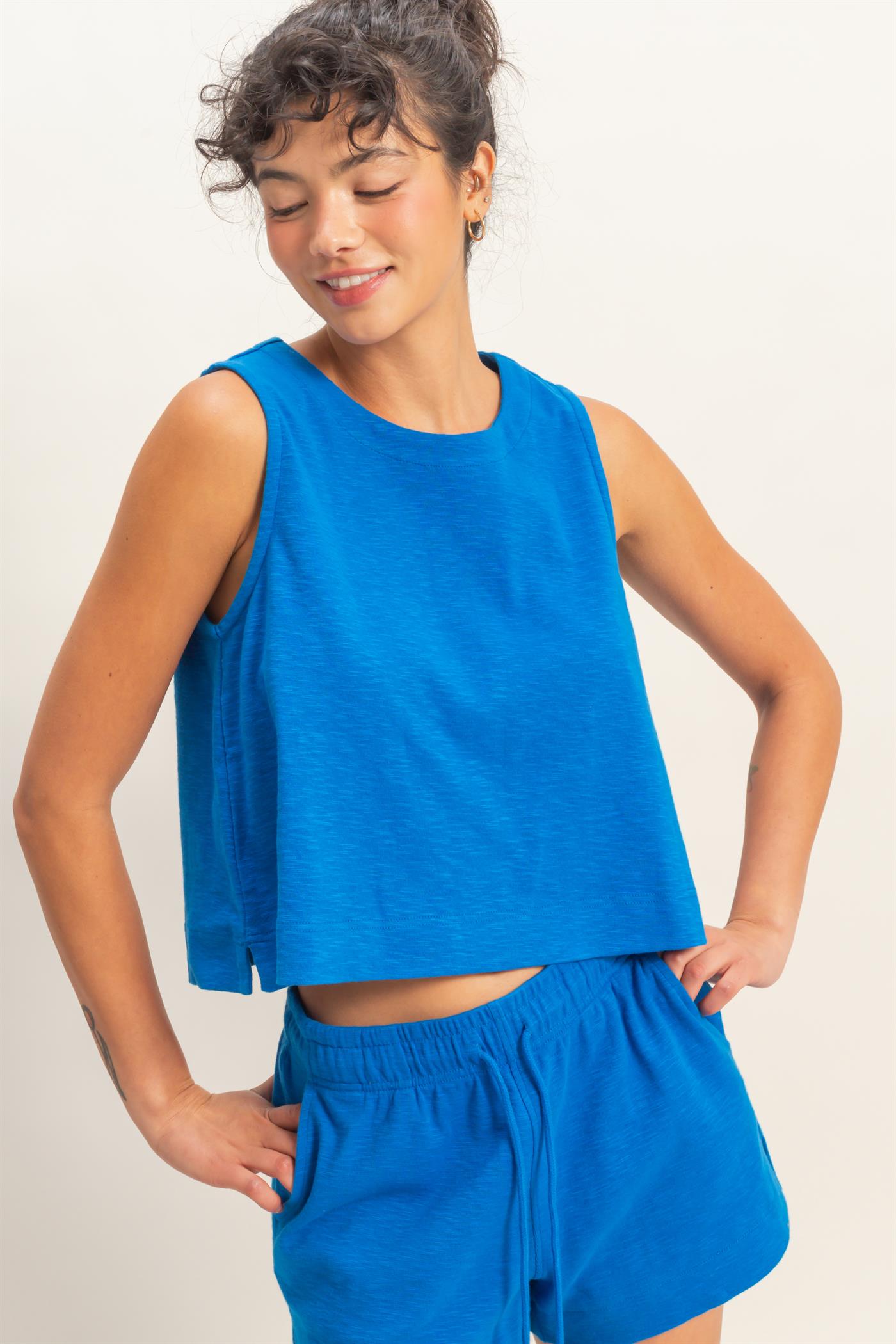 Wholesale Sleeveless Boxy Fit Crew Neck Top Clothing Tops DZ26C090 COBALT DOUBLE ZERO