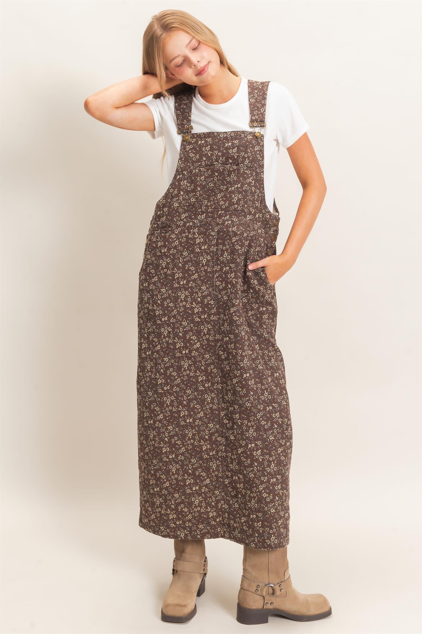 Wholesale Floral Garment Wash Overall Dress Dresses HF26C838 CHESTNUT HYFVE