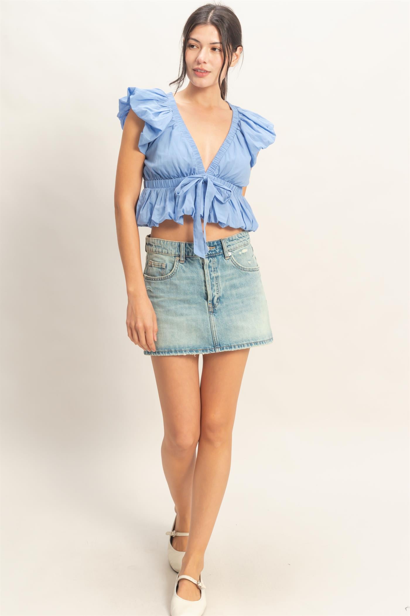 Wholesale Ruched V-Neck Puff Sleeve Top Clothing Tops HF26A122 INDIGO HYFVE