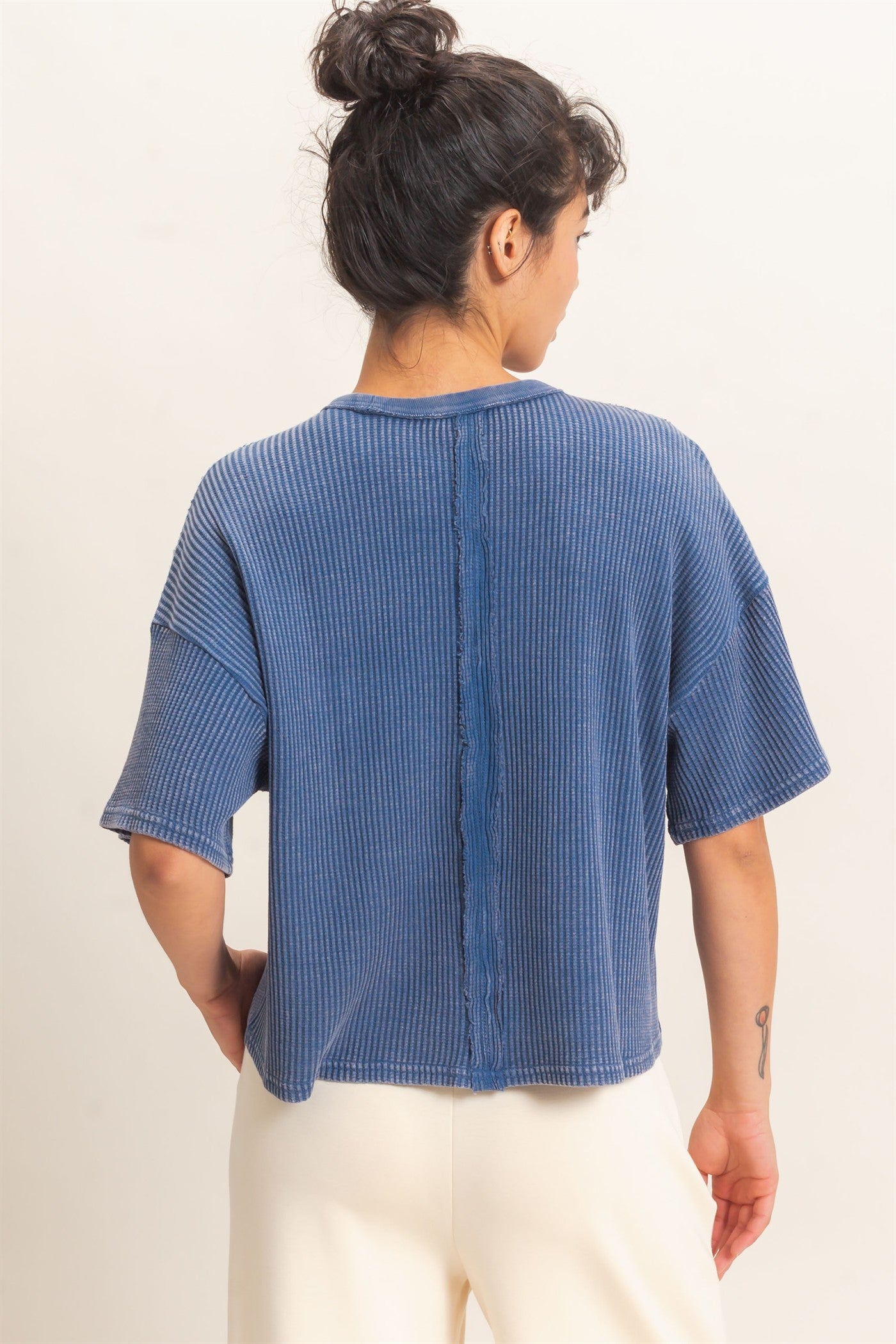 Wholesale Mineral Wash Waffle Knit Pocket Top Clothing Tops DZ26E222 NAVY DOUBLE ZERO
