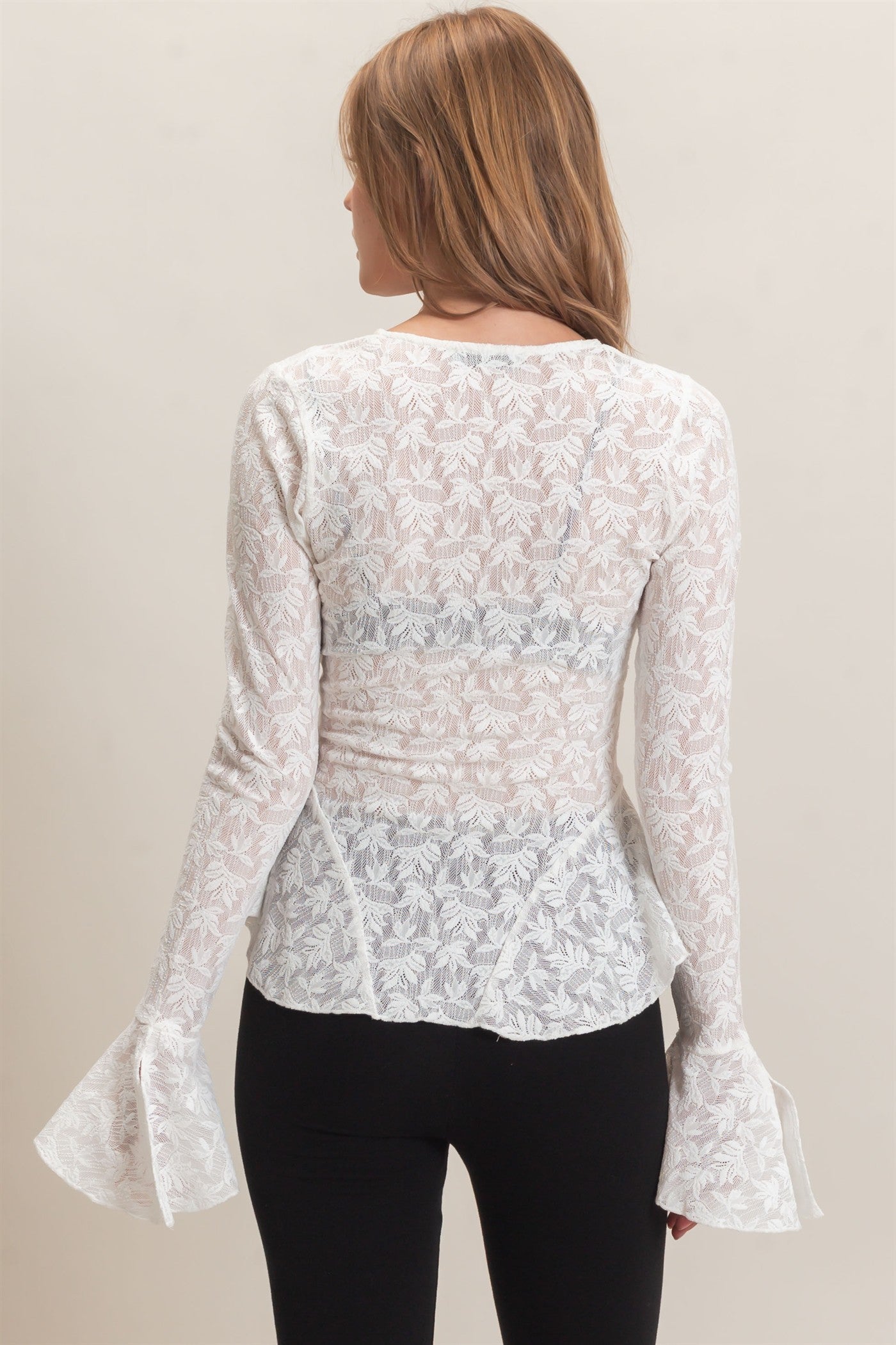 Wholesale Lace V-Neck Flare Sleeve Top Clothing Tops HF26E359 OFF WHITE HYFVE