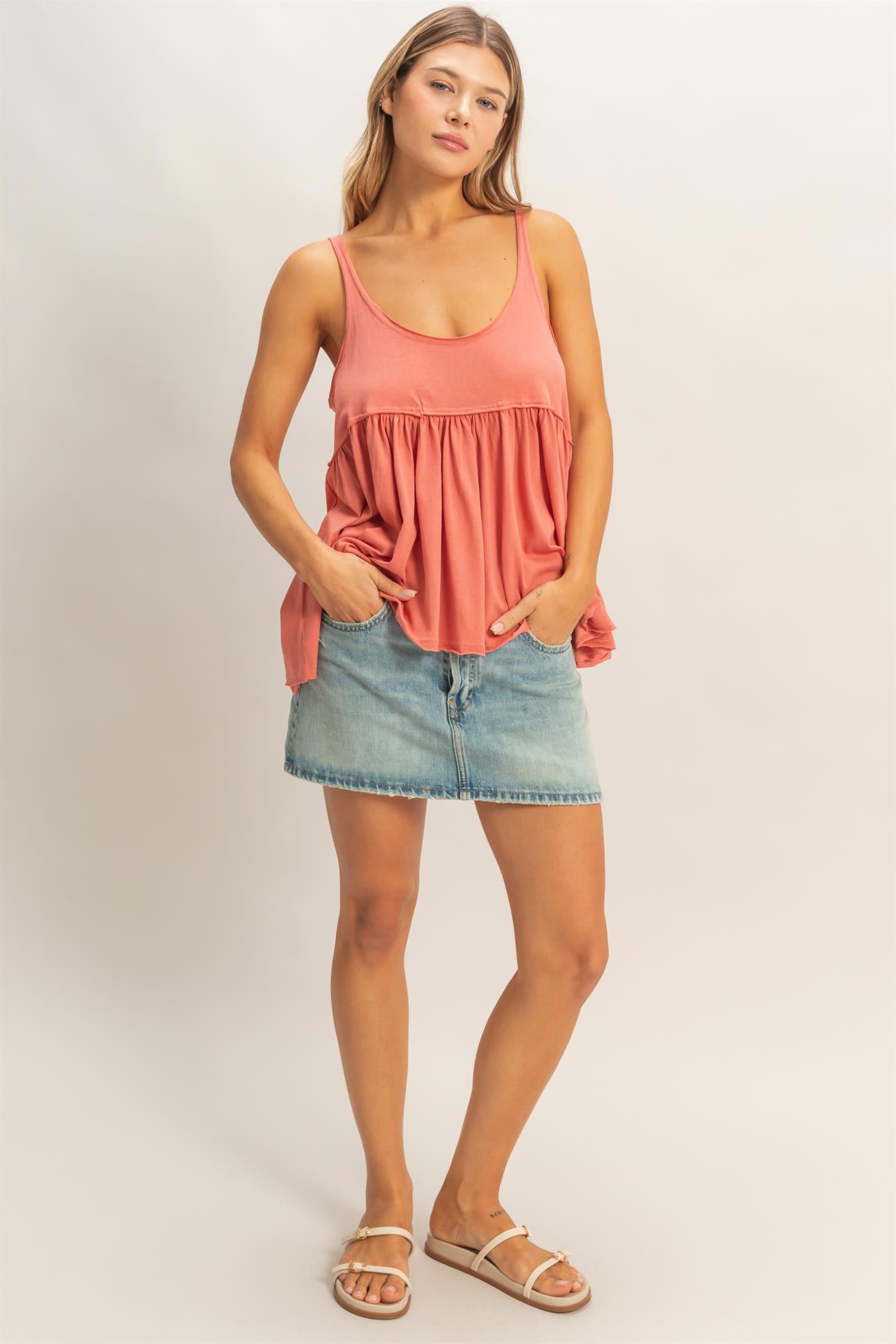 Wholesale Scoop Neck Babydoll Top Tank Tops HF26A376 TOMATO HYFVE