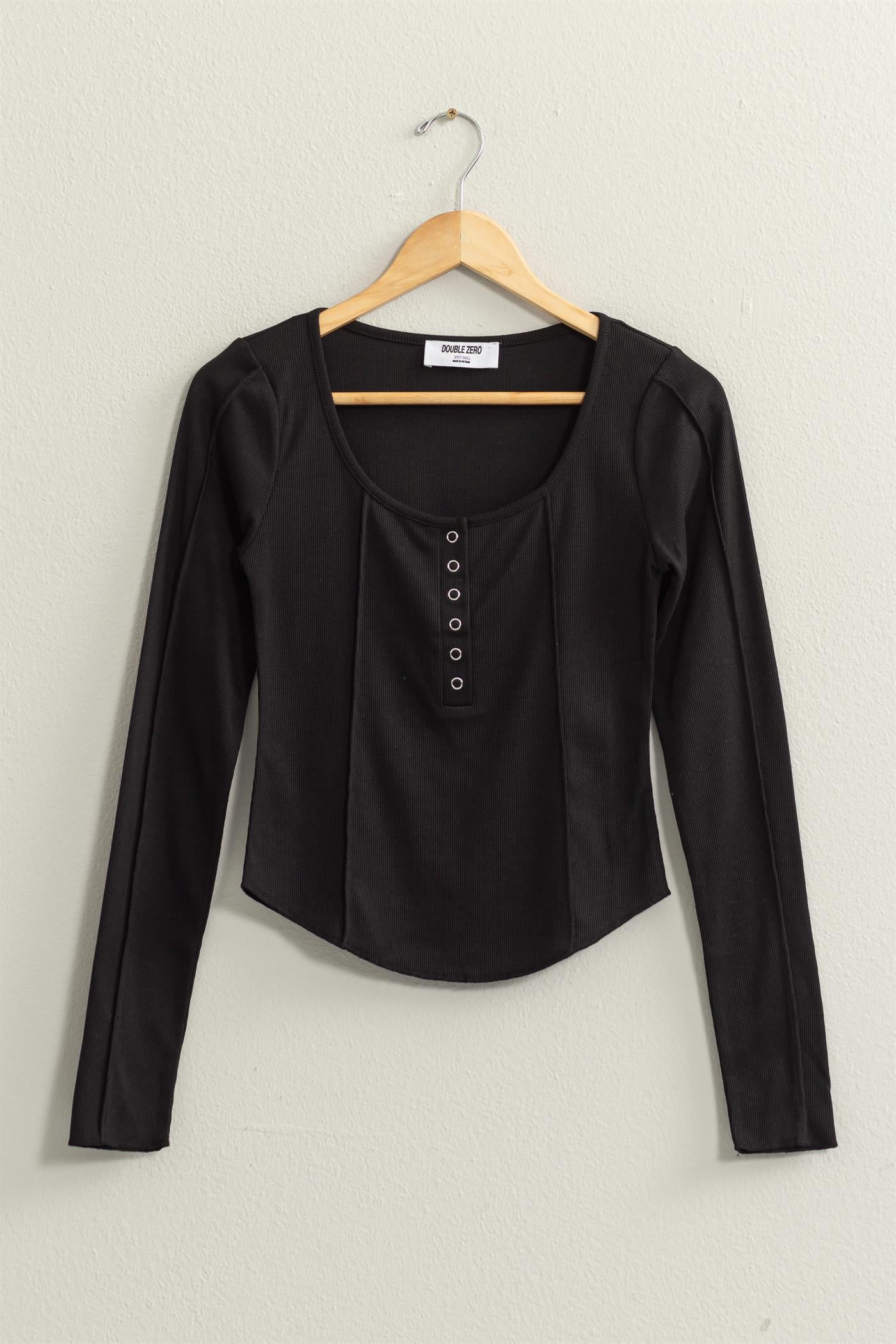 Wholesale Ribbed Long Sleeve Button Front Top Clothing Tops DZ25A025 BLACK DOUBLE ZERO