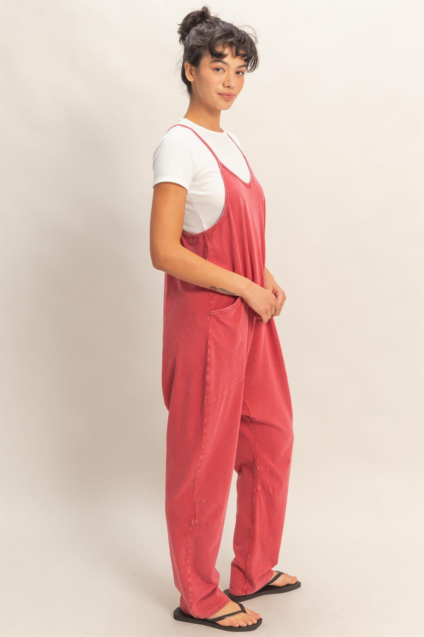 Wholesale Mineral Wash Spaghetti Strap Jumpsuit Clothing DZ26C375 DARK RED DOUBLE ZERO
