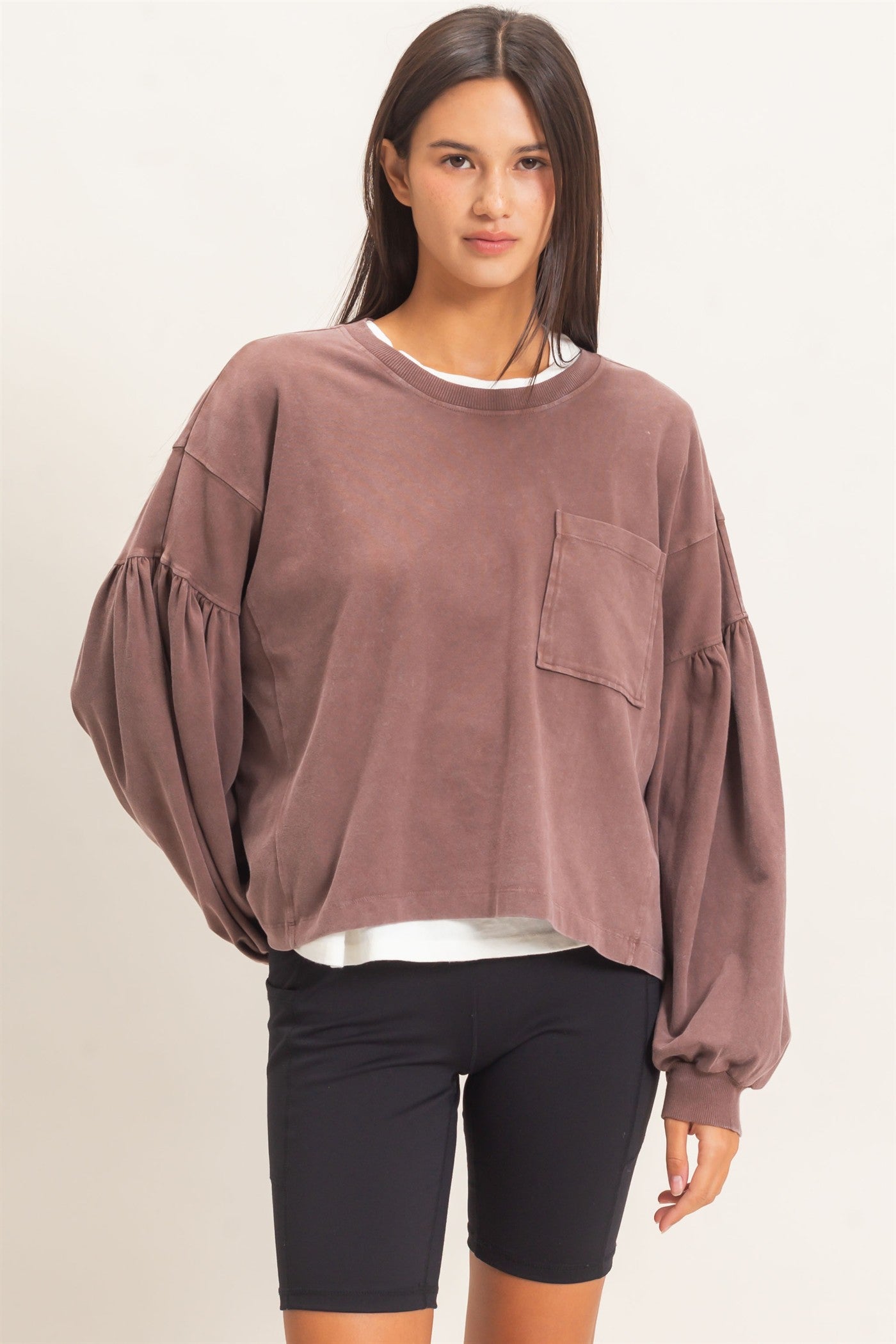 Wholesale Mineral Wash Puff Long Sleeve Boxy Top Clothing Tops DZ26F402 DARK BROWN DOUBLE ZERO