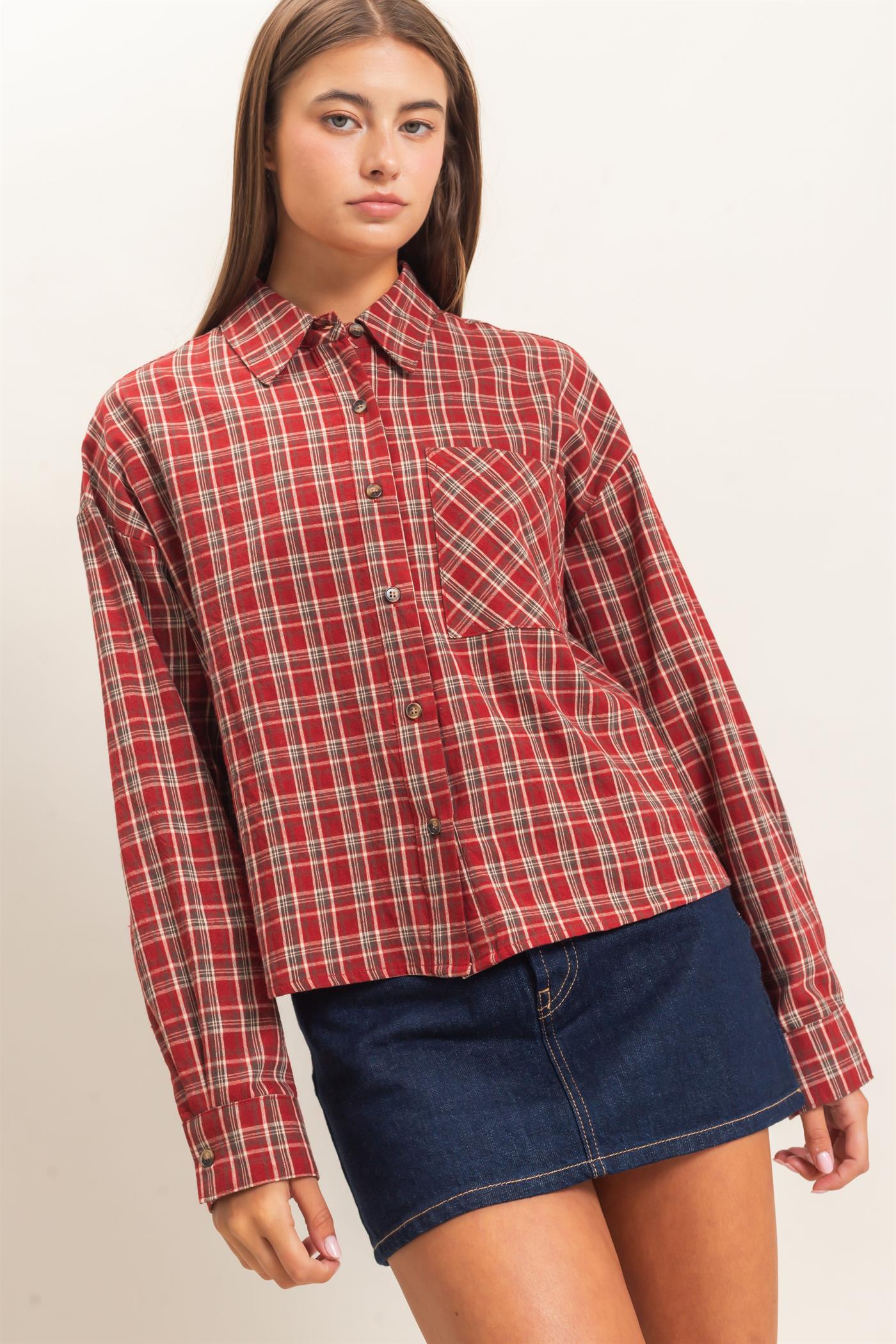 Wholesale Plaid Button-Up Shirt Clothing Tops DZ26E395 DARK RED DOUBLE ZERO
