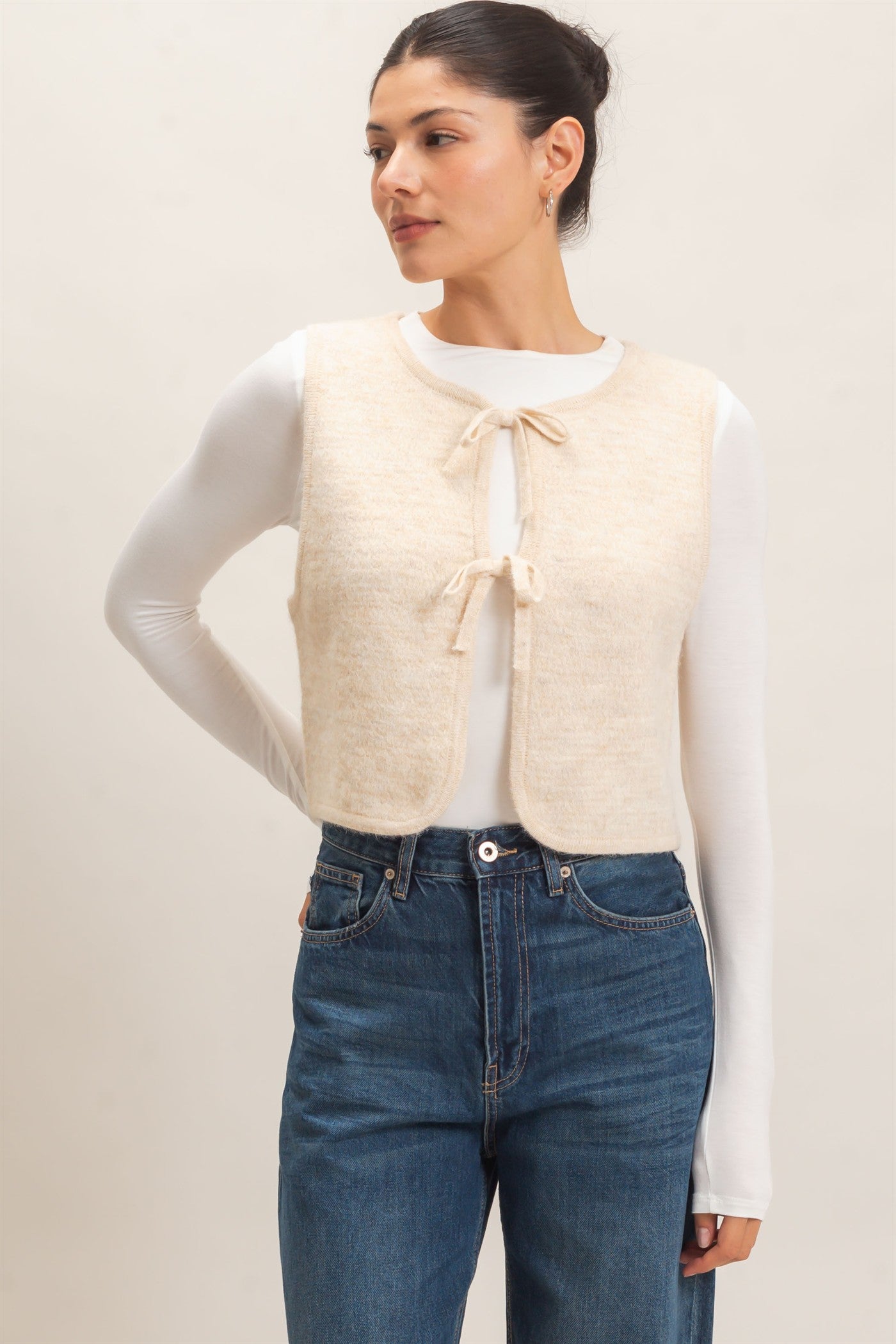 Wholesale Sweater Vest With Front Ties Sweaters HF26E140 OATMEAL HYFVE