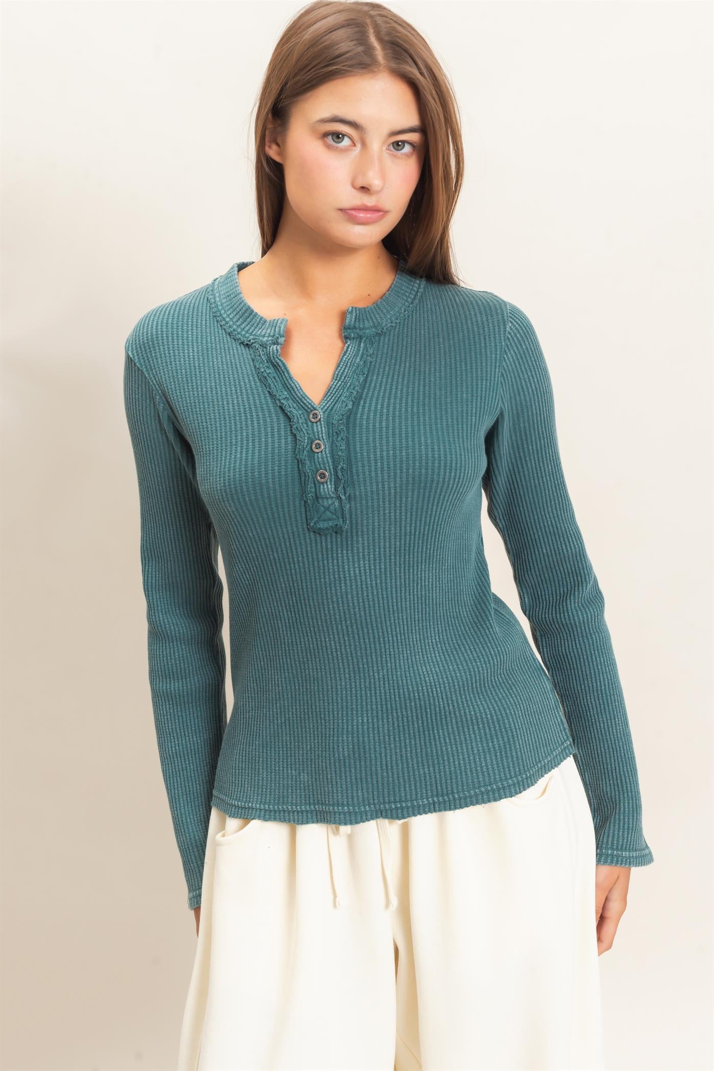 Wholesale Mineral Wash Waffle Henley Long Sleeve Top Clothing Tops DZ26E243 DARK TEAL DOUBLE ZERO