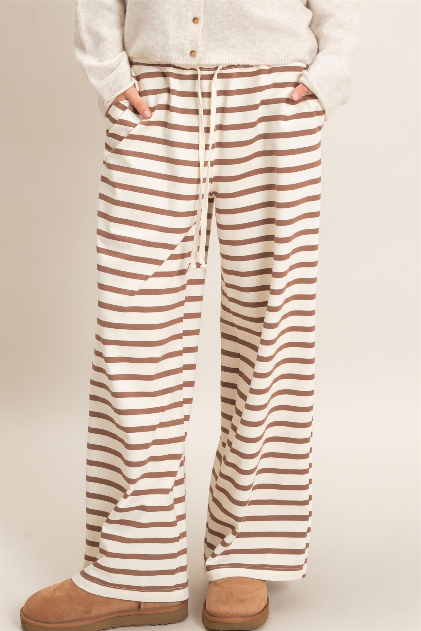 Wholesale Striped Wide-Leg Pants Pants HF26F229-D CREAM/ BROWN HYFVE