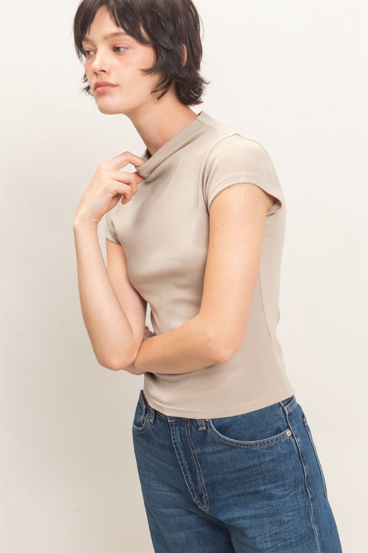 Wholesale Mock Neck Cap Sleeve Top Clothing Tops DZ26E323 WARM GRAY DOUBLE ZERO