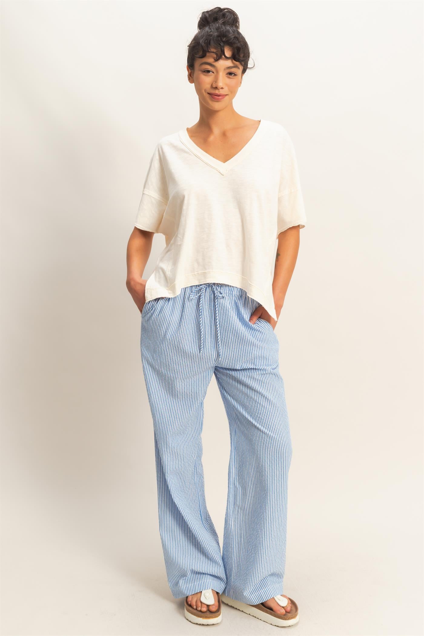 Wholesale Oversized V-Neck Short Sleeve Top Clothing Tops DZ26A032 WHIP CREAM DOUBLE ZERO