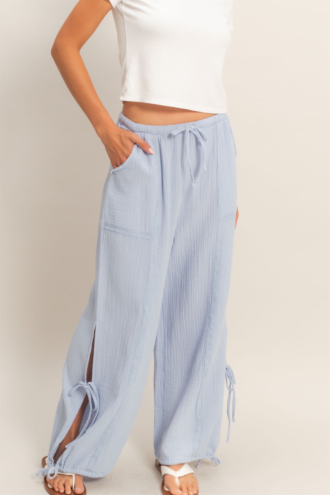 Wholesale Gauze Drawstring Jogger Pants Joggers HF26A822 DUSTY BLUE HYFVE