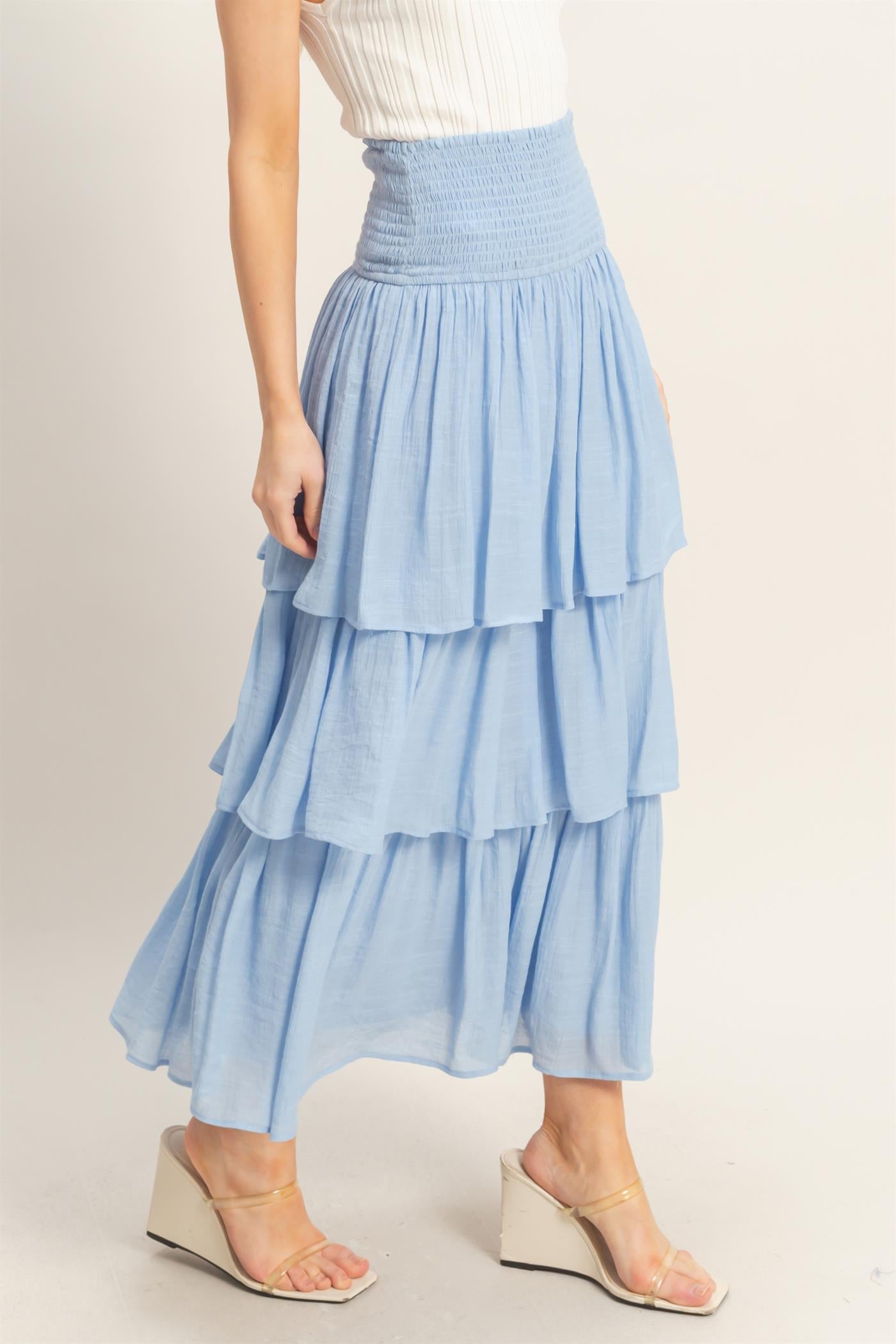 Wholesale Tiered Smocked Waist Skirt Skirts HF26C188-D POWDER BLUE HYFVE