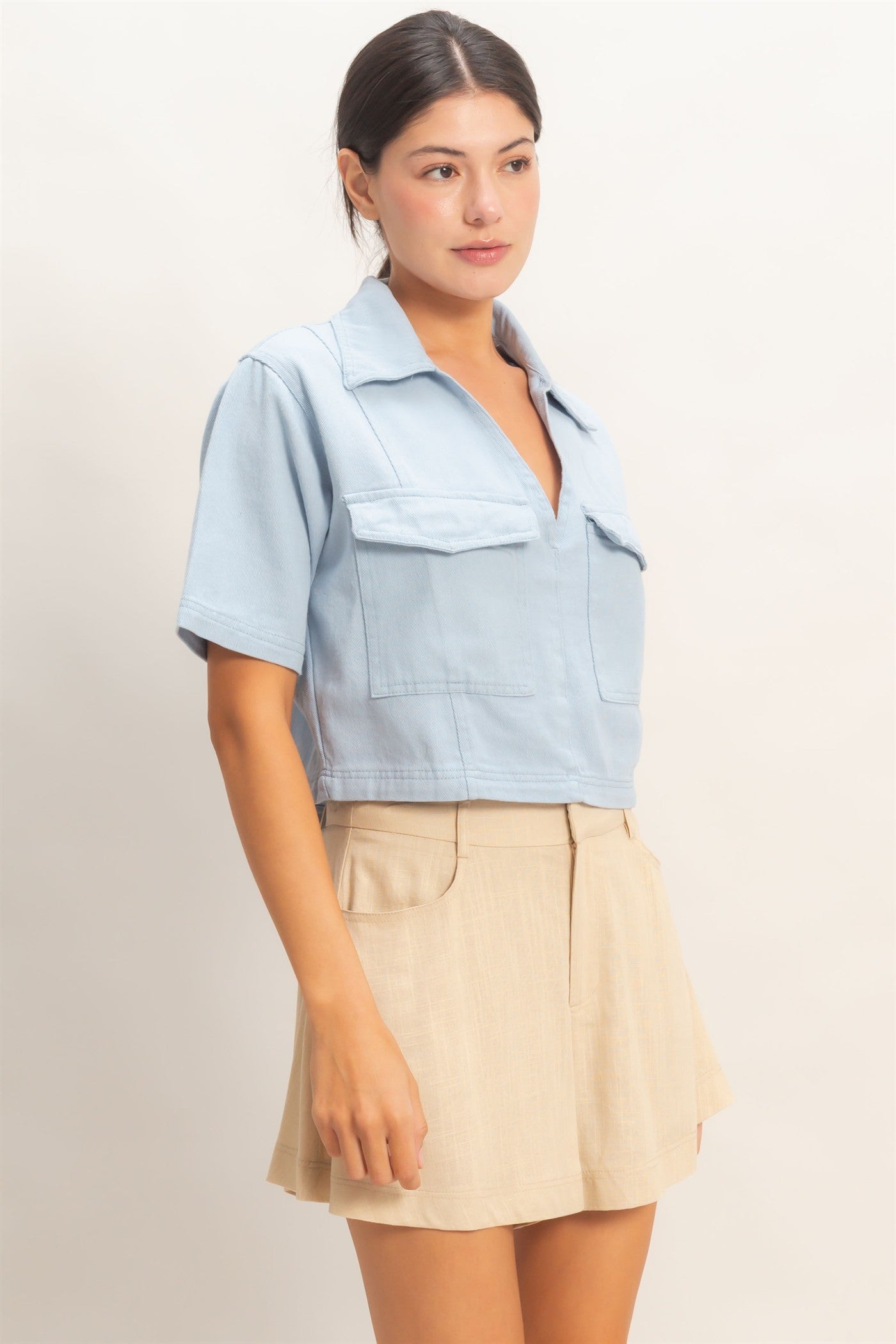Wholesale Collared V-Neck Top Clothing Tops HF26E444 LIGHT BLUE HYFVE